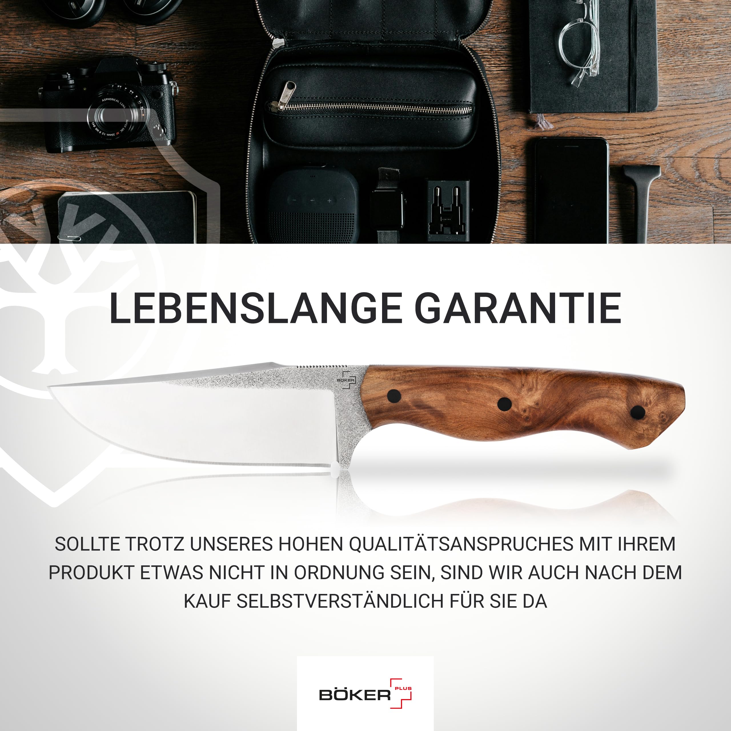 BÖKER PLUS® Overnighter - Bushcraft-Messer feststehend mit Holz-Griff - EDC Fulltang Jagdmesser mit 11,7 cm Clippoint Klinge - Outdoormesser mit Leder-Scheide - Pfadfinder Fahrtenmesser 42a konform
