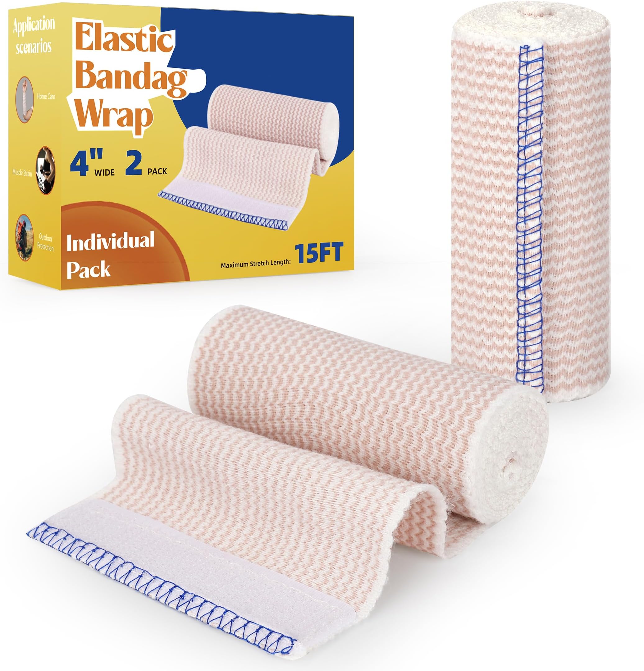 2 Pack Elastic Bandage Wrap | 4" Medical Bandage Wrap with Hook-and-Loop Fasteners on Both Ends Compression Wrap for Wounds Latex Free Stretch Bandage for Foot Arm Hand Ankle Injury