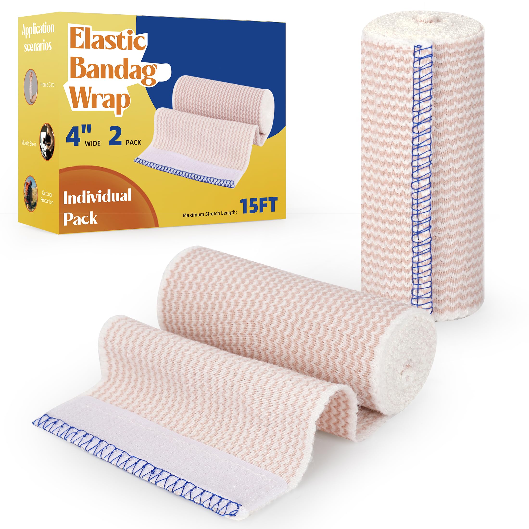 Elastische Bandage aus Baumwolle, 2 Stück 10,2 cm breit x (3,8 bis 4,6 m) Wenn gedehnt) mit Klettverschluss an beiden Enden, latexfrei Kompressionsbandage für Krampfadern, Verstauchung des Knöchels