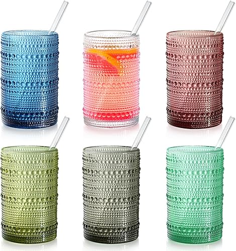Vasos de colores con pajillas, juego de 6 vasos vintage de 15 onzas, vasos altos en relieve, vasos de vidrio texturizado para cocina, cerveza, jugo,