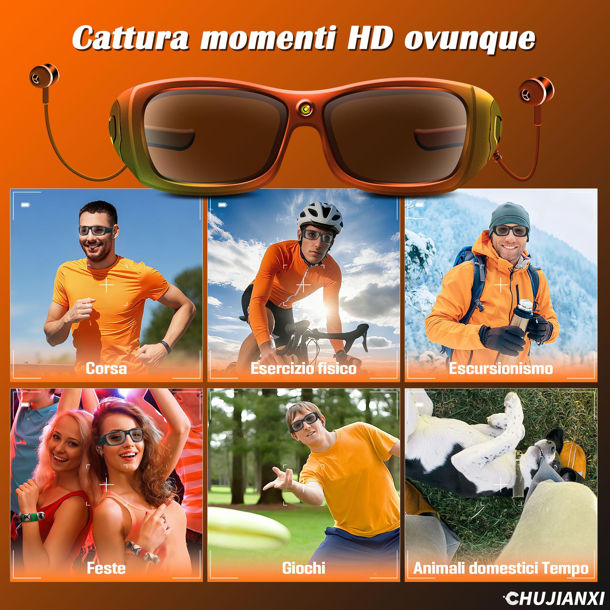 Occhiali con Telecamera con Bluetooth, Intelligenti Occhiali Smart HD 1080P | Portatile Occhiali da Sole Sport Telecamera Nascosta, Mini Videocamera per Riprodurre Musica, Scattare Foto e Video