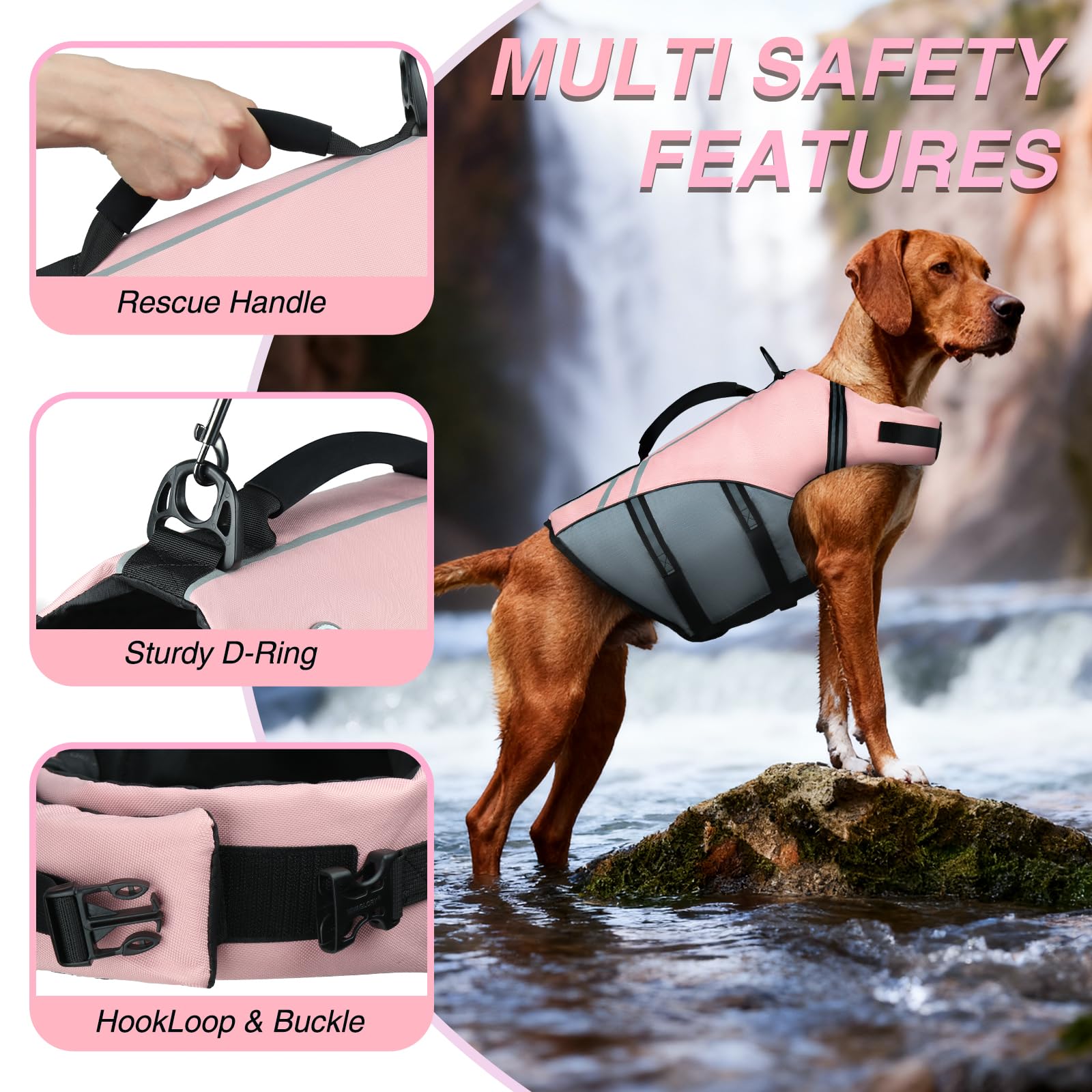VIVAGLORY Chaleco Salvavidas de Estilo Deportivo para Perros con Flotación Adicional, Chaleco de Natación Ajustable y Duradero para Perros Grande, Rosa Sakura | Chaleco salvavidas con anillo de correa y asa para nadar y navegar, reflectante ajustable para