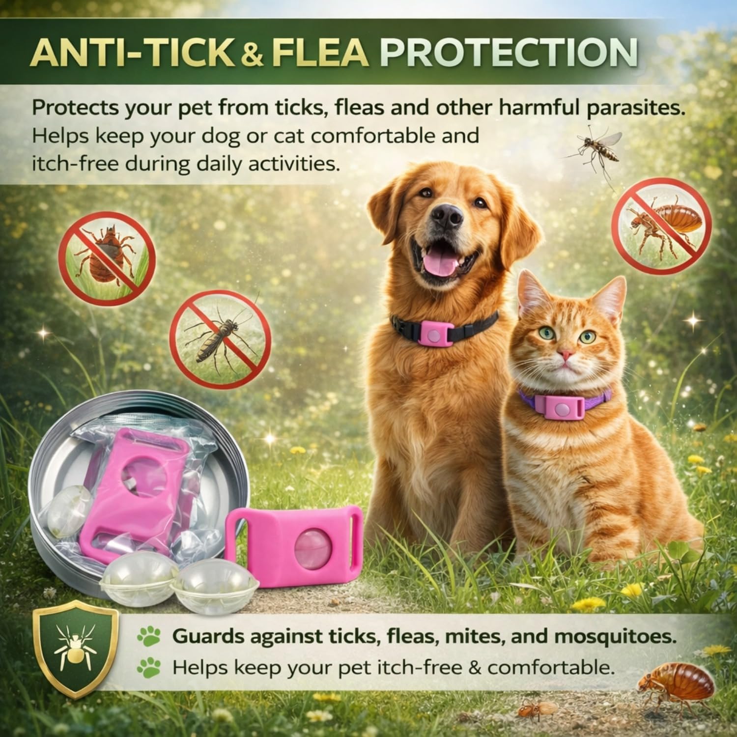 Furry Life Flea & Tick Prevention Pet Tag β Waterproof Collar Pendant, Chemical-Free Protection for Dogs, Cats & Small Pets, Safe for All Breeds (Pink) 1