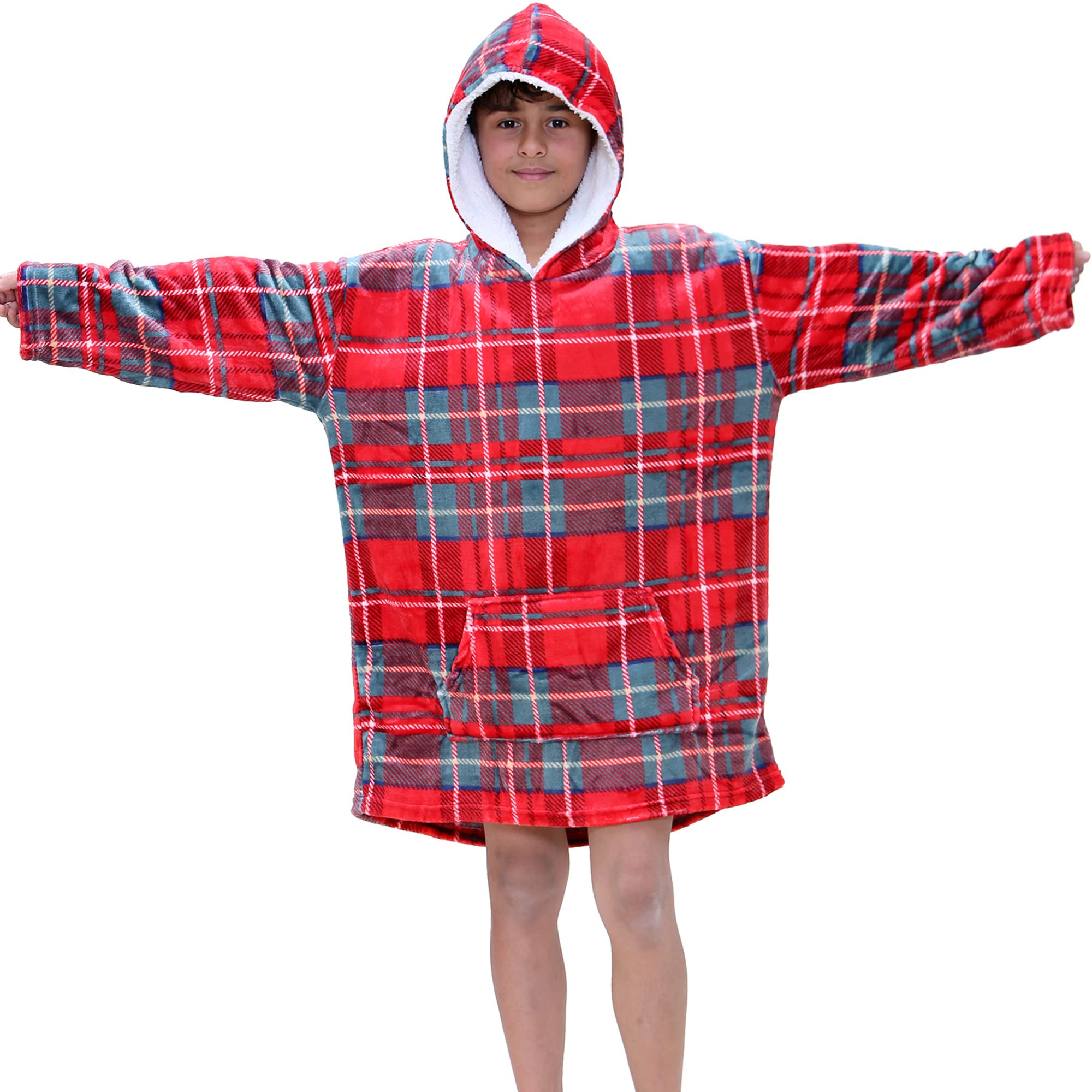 A2Z 4 Kids Girls Boys Oversized Hoodie Printed Snuggle Comfy Blanket Super - Snuggle 955 Red Tartan_.Kids