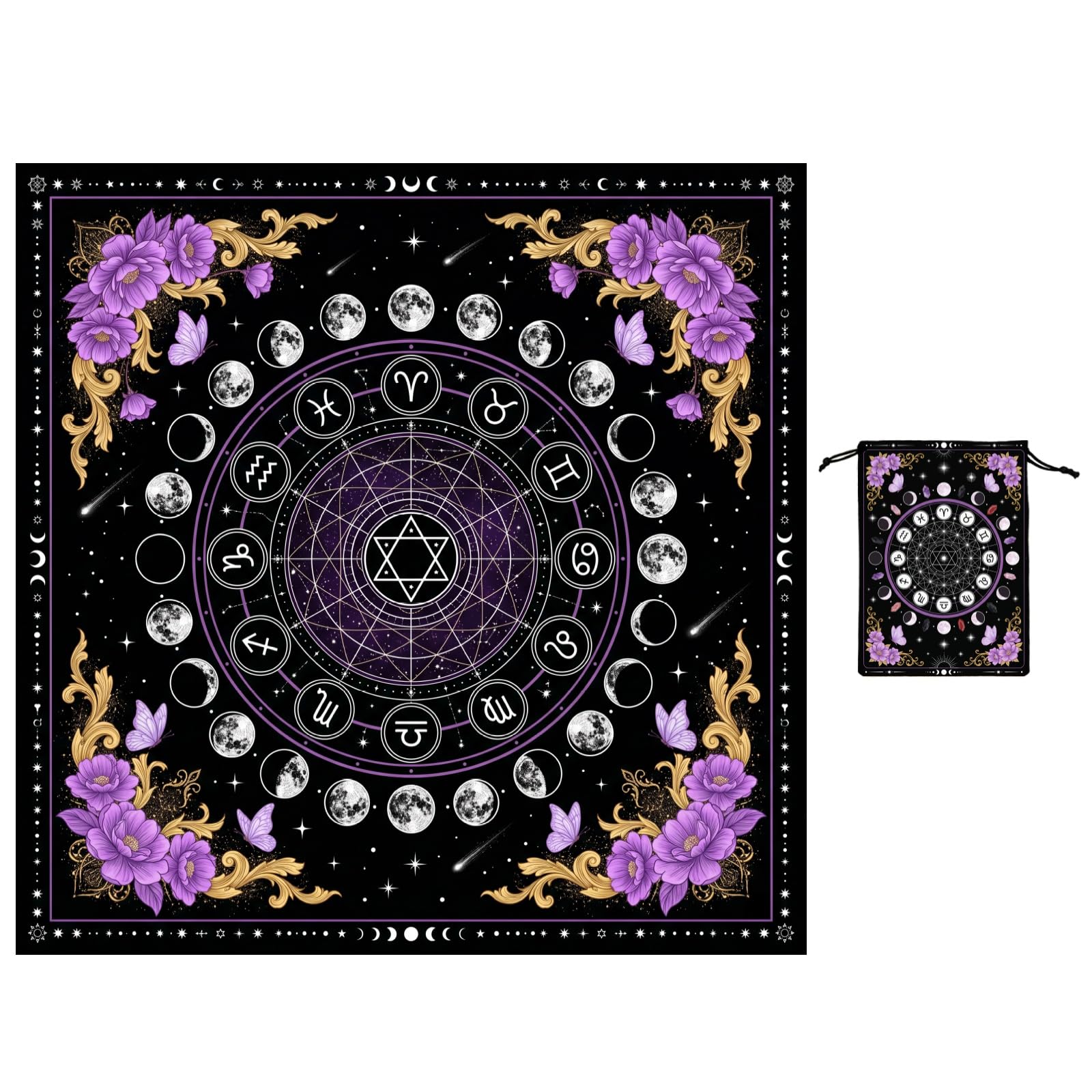 Nappe de tarot en velours noir lune constellations et papillons