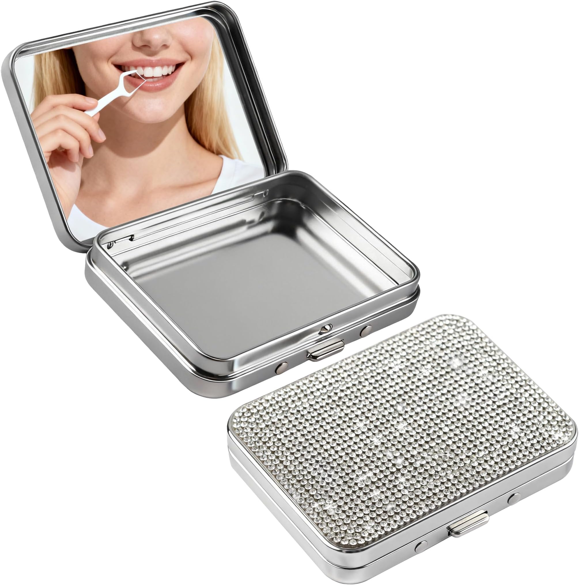 2Pack Bling Dental Floss Pick Case with Mirror, Portable Refillable Toothpick Flossers Holder Container, Small Cotton Swab Tin Box for Travel(Silver)