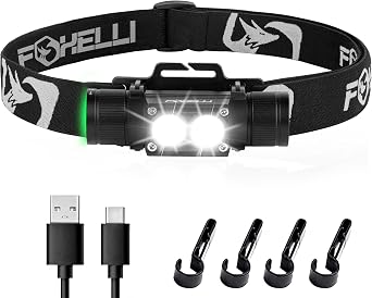 Foxelli Ultra Bright Rechargeable Headlamp IPX7 Waterproof, 1200 Lumen LED Light for Work & Outdoors, with Battery & Hooks - Perfect for Hard Hat or Helmet
