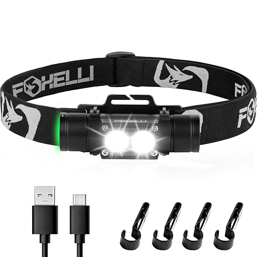Foxelli Ultra Bright Rechargeable Headlamp – IPX7 Waterproof, 1200 Lumen LED Light for Work & Outdoors, with Battery & Hooks - Perfect for Hard Hat or Helmet