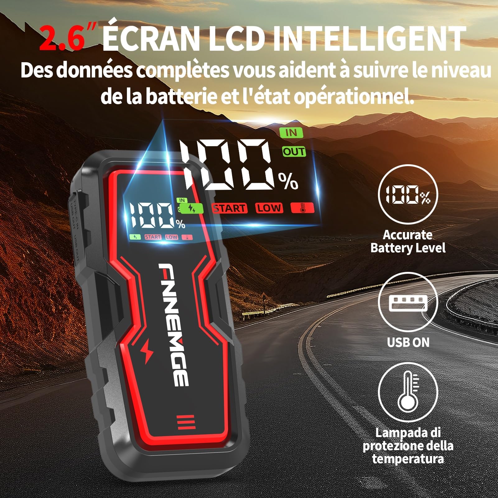 FNNEMGE Booster Batterie,6000A 22800mAh de Courant de Pointe, 12V Démarreur de jusqu'à Tout Le Essence et 8,0L Diesel, Jump Starter avec Port de Charge USB, lumière LED, HD Écran Large.