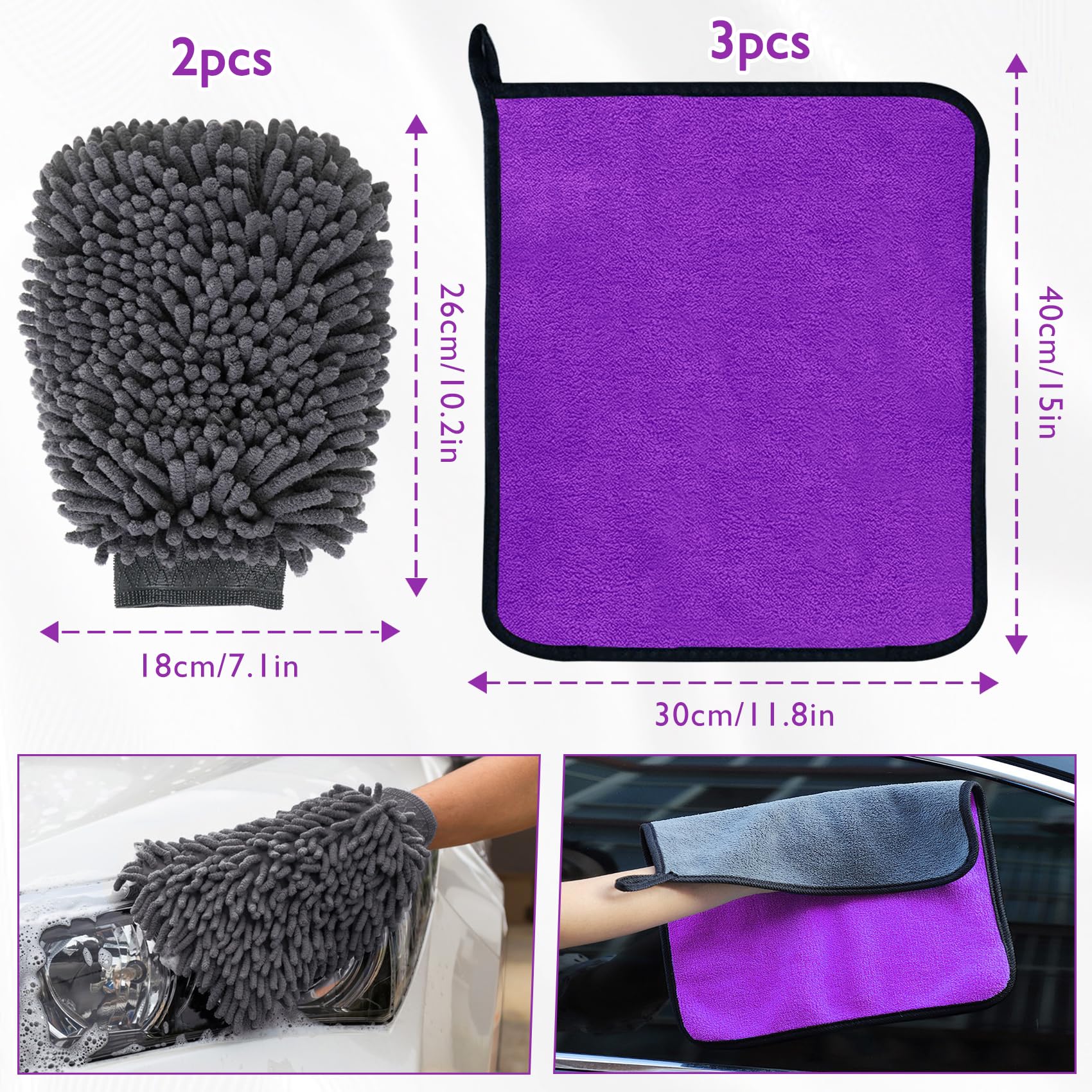 KALBIGRO Kit Pulizia Auto con 3 Pezzi Panno Microfibra Auto e 2 Pezzi Guanto Lavaggio Auto, 600 GSM Panno in Microfibra per Auto Super Assorbenti, Senza Graffi per Cura Auto Moto (40 x 30 cm) - 3