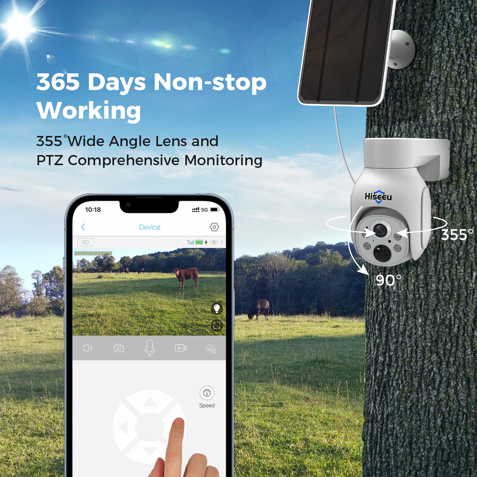 Hiseeu 3G/4G LTE Telecamera da Esterno con Scheda SIM 100MB,Senza Fili 2K 360° Solare PTZ Telecamera Sorveglianza Batteria con Visione Notturna a Colori,Rilevamento PIR,Tracciamento Auto,Audio a 2 Vie