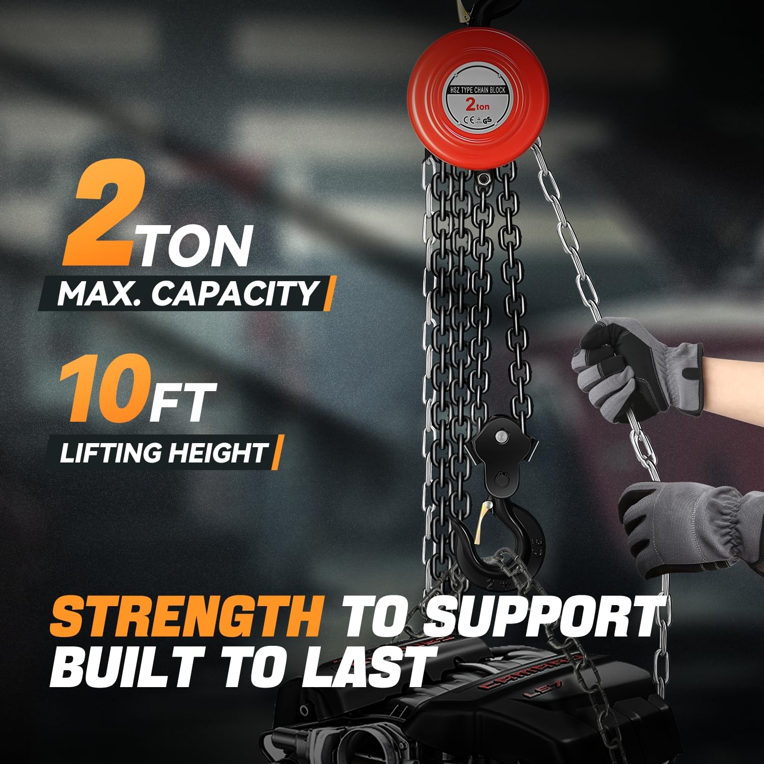 Auto Dynasty Manual Chain Block Hoist 2 Ton with 3M G80 Galvanized Chain for Garages Automotive Machinery Warehouse Building