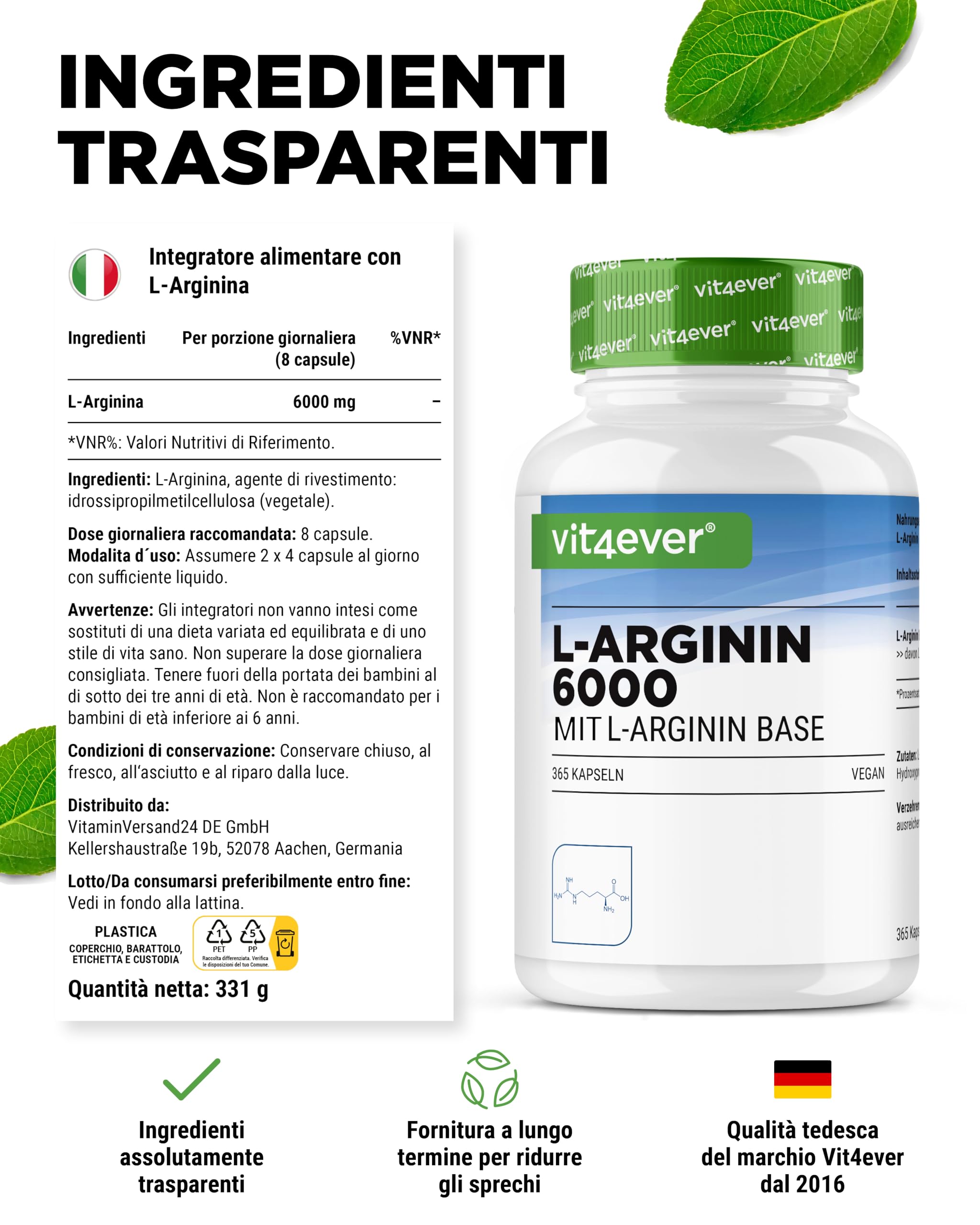 L-Arginina - 365 capsule - 6000 mg di L-Arginina pura per dose giornaliera - Prodotta per fermentazione vegetale - Altamente dosata - Senza additivi - Vegan