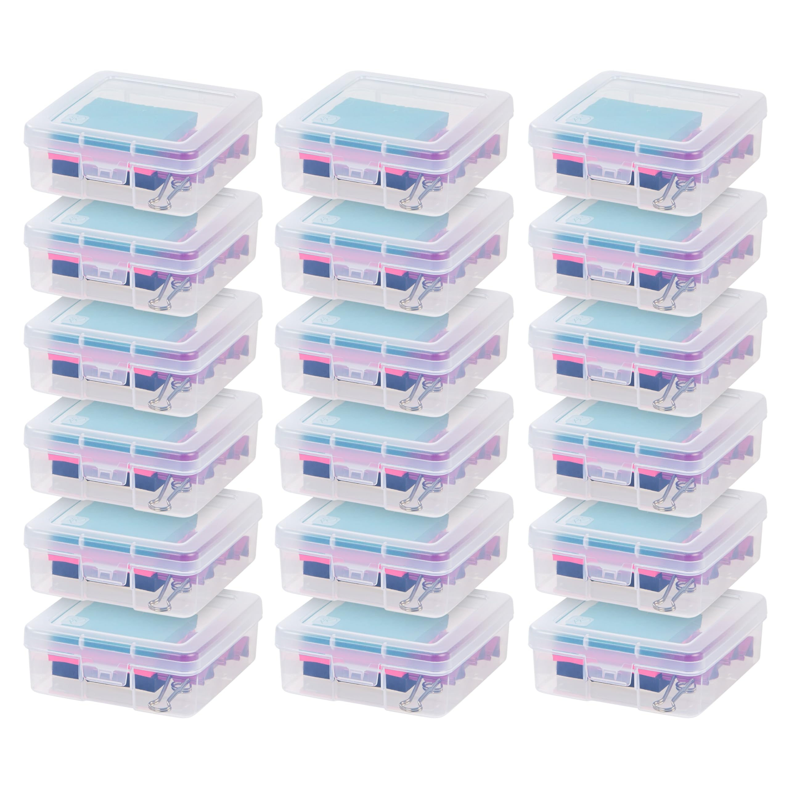IRIS USA Pencil Case Box Storage Container for Organizing with Snap Lid, 18-Pack, Big Capacity Stackable Plastic Pen Pouch for Craft Hobby Art Supplies Journaling Stationery Sticker, Clear, Small