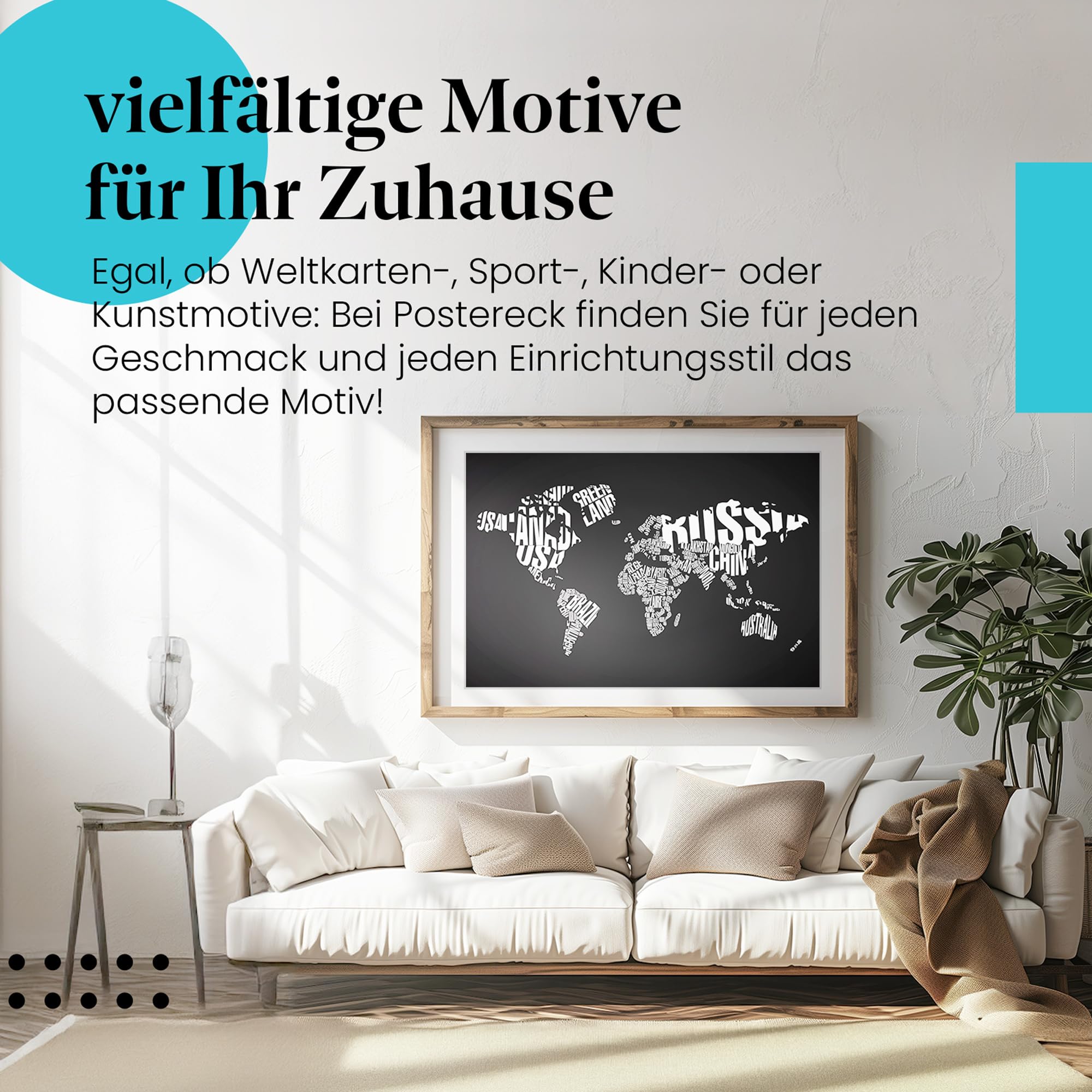 Postereck - 0275 - Moderne Weltkarte, Schrift Kartographie - Unterricht Klassenzimmer Schule Wandposter Fotoposter Bilder Wandbild Wandbilder - Leinwand - 100,0 cm x 75,0 cm