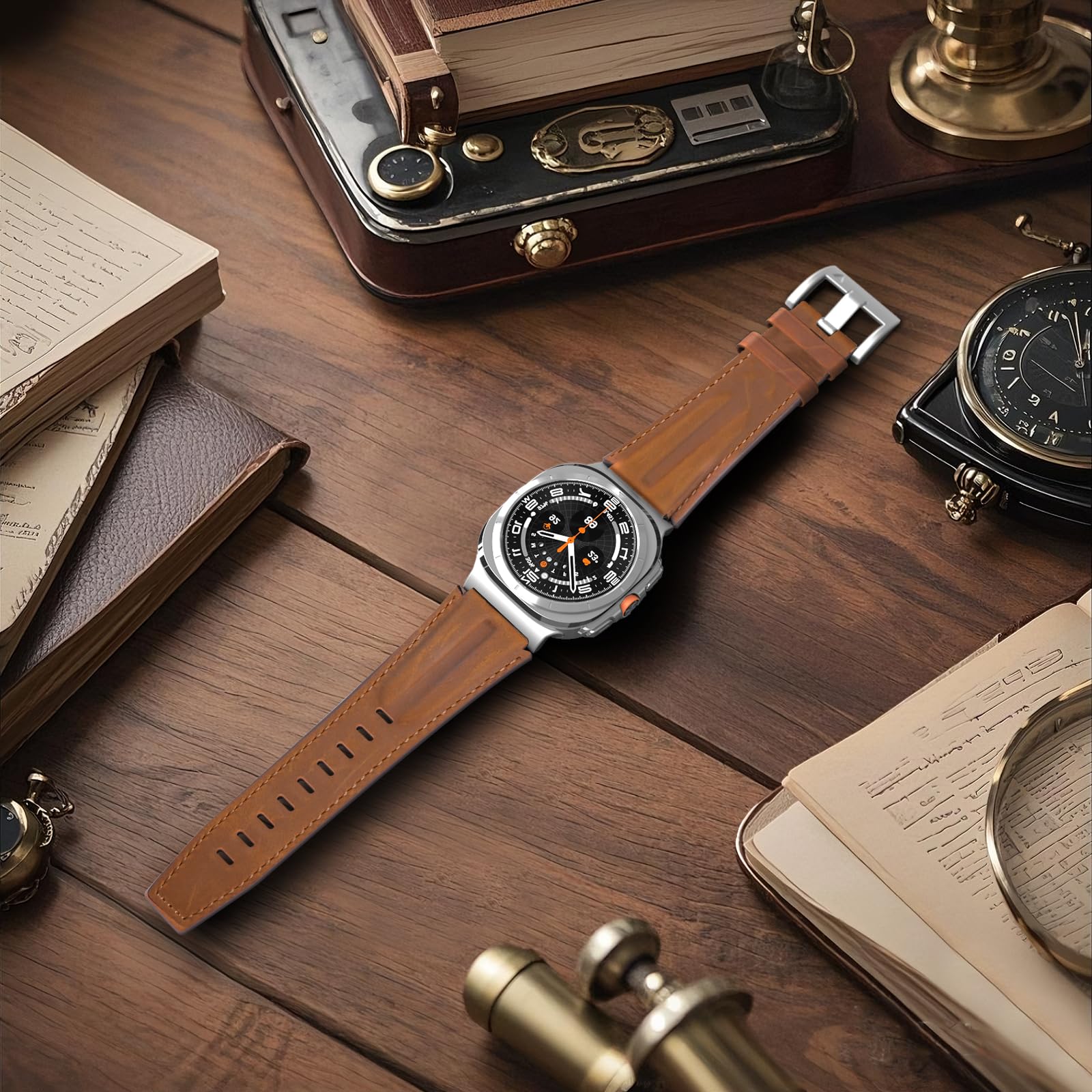 Armband aus echtem Vollnarbenleder, kompatibel mit Samsung Galaxy Watch Ultra Armbändern 47mm (2025/2024), robuster Metallverbinder, handgefertigt, Vintage Samsung Uhrenarmband für Männer und