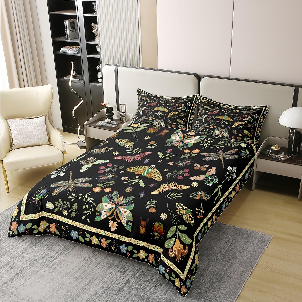 Homemissing Floral 100% Baumwolle Bettwäsche Set 135x200cm Jungen Mädchen Vinatge Botanischer Schmetterling Schwarz Bettbezug Für Kinder Retro Boho Blumen Bettwäsche-Set Blüte Dragonfly Grün