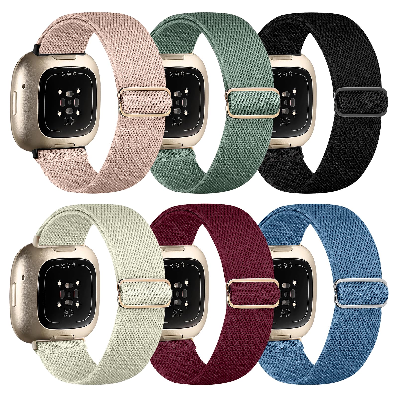 Chinbersky 6er-Pack Armband Kompatibel mit Fitbit Versa 3/4 und Sense - Verstellbares Dehnbares Nylon Sportband für Damen und Herren