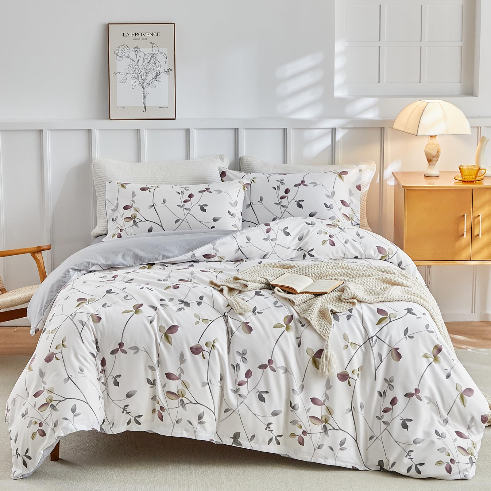 Tokokimo Funda Nórdica Cama 135/150, Funda Nórdica 230x220，Funda Edredon con Ramas y Hojas Patrón Microfibra 3 Piezas Compuesto por 1 Funda Nórdica 230x220 + 2 Fundas de Almohada 50x75, Blanco/Gris