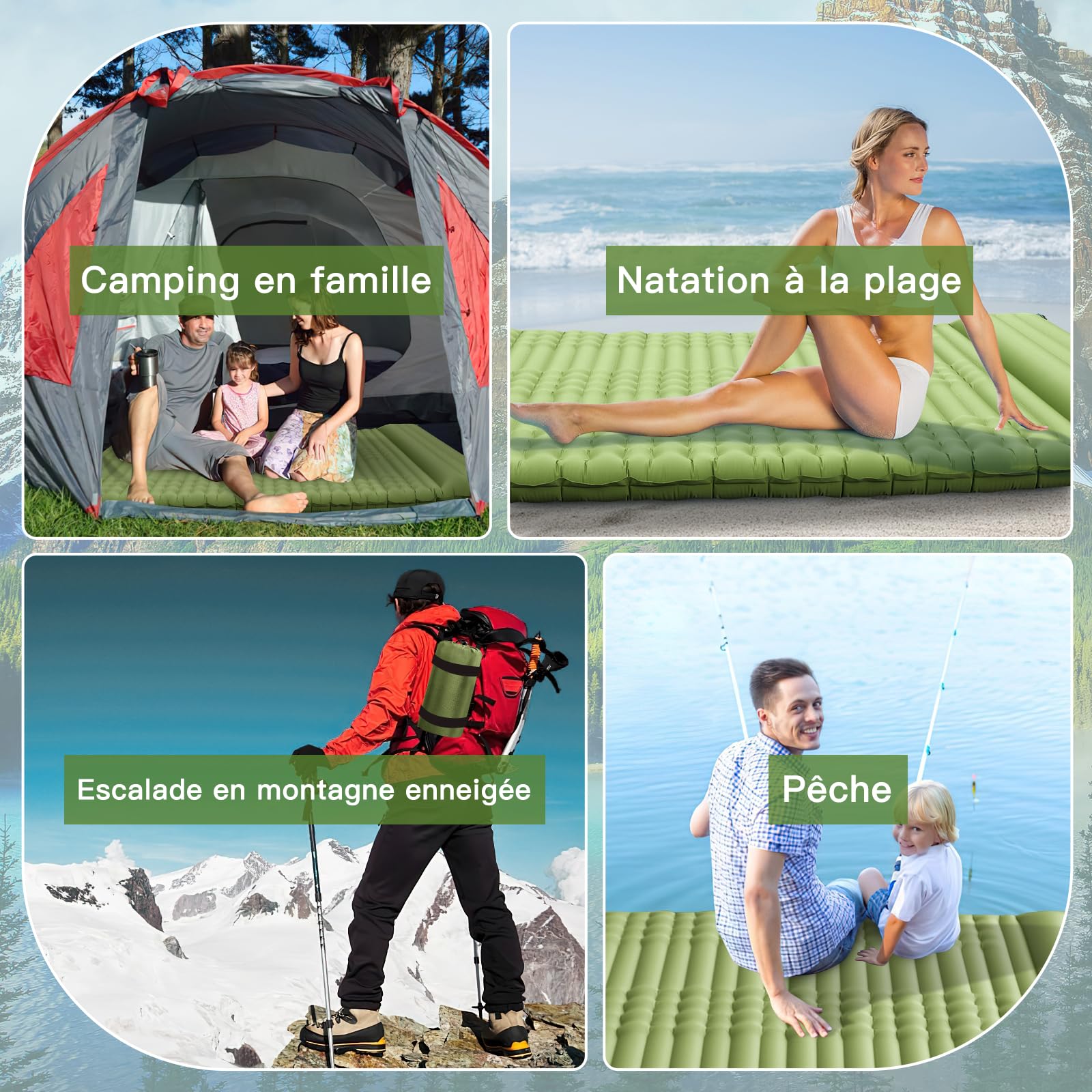 Matelas Autogonflant,Matelas Camping,Matelas Gonflable 1 Place,12cm D'épaisseur,Matelas Trekking,Randonnée Ultra Léger,Portable avec Oreiller Int égré et Pompe à Pied (Vert 2 Place)
