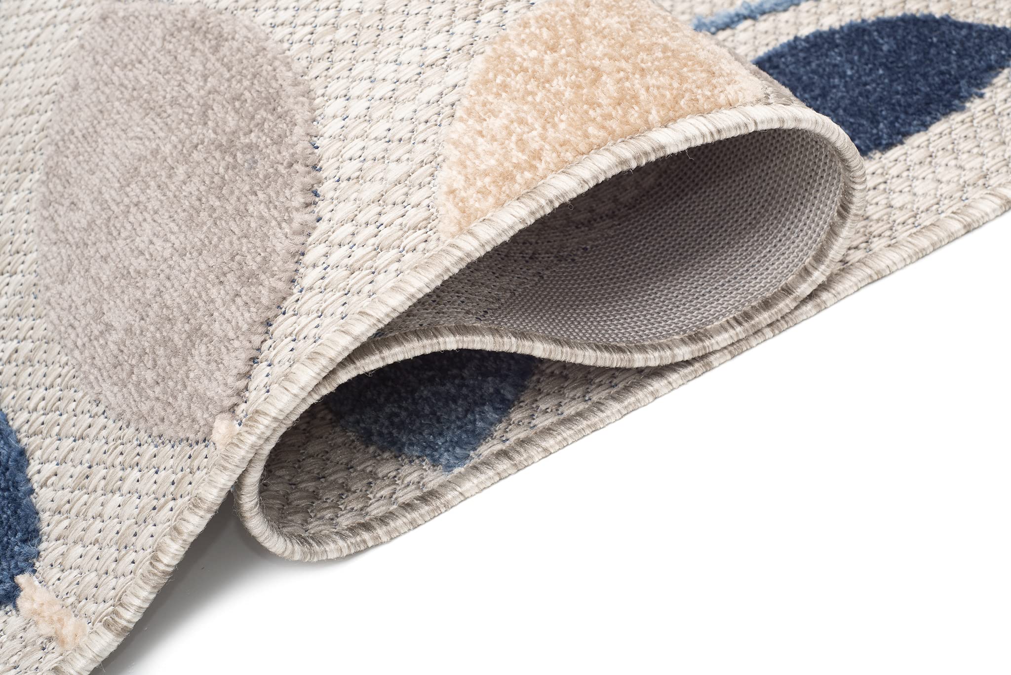 TAPISO Alfombra para terraza, Exterior, Interior, terraza, balcón, jardín de Invierno, Cocina, salón, Moderna, Beige, Azul, Gris, Hojas, Aspecto 3D, Resistente a la Intemperie, Oeko-Tex, 200 x 300 cm