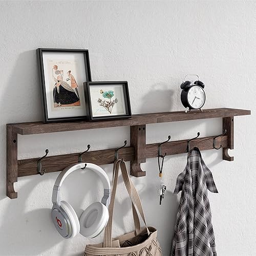 Ganchos de pared con estante, ganchos de madera para colgar abrigos de pared, ganchos de pared para entrada, sala de estar, baño (marrón)