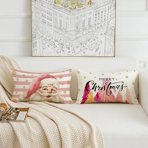 Miniatura 2 de HOMFREEST Juego de 2 fundas de almohada de Navidad de 12 x 20 pulgadas, diseño de rayas rosas de Papá Noel, fundas de cojín decorativas de Navidad