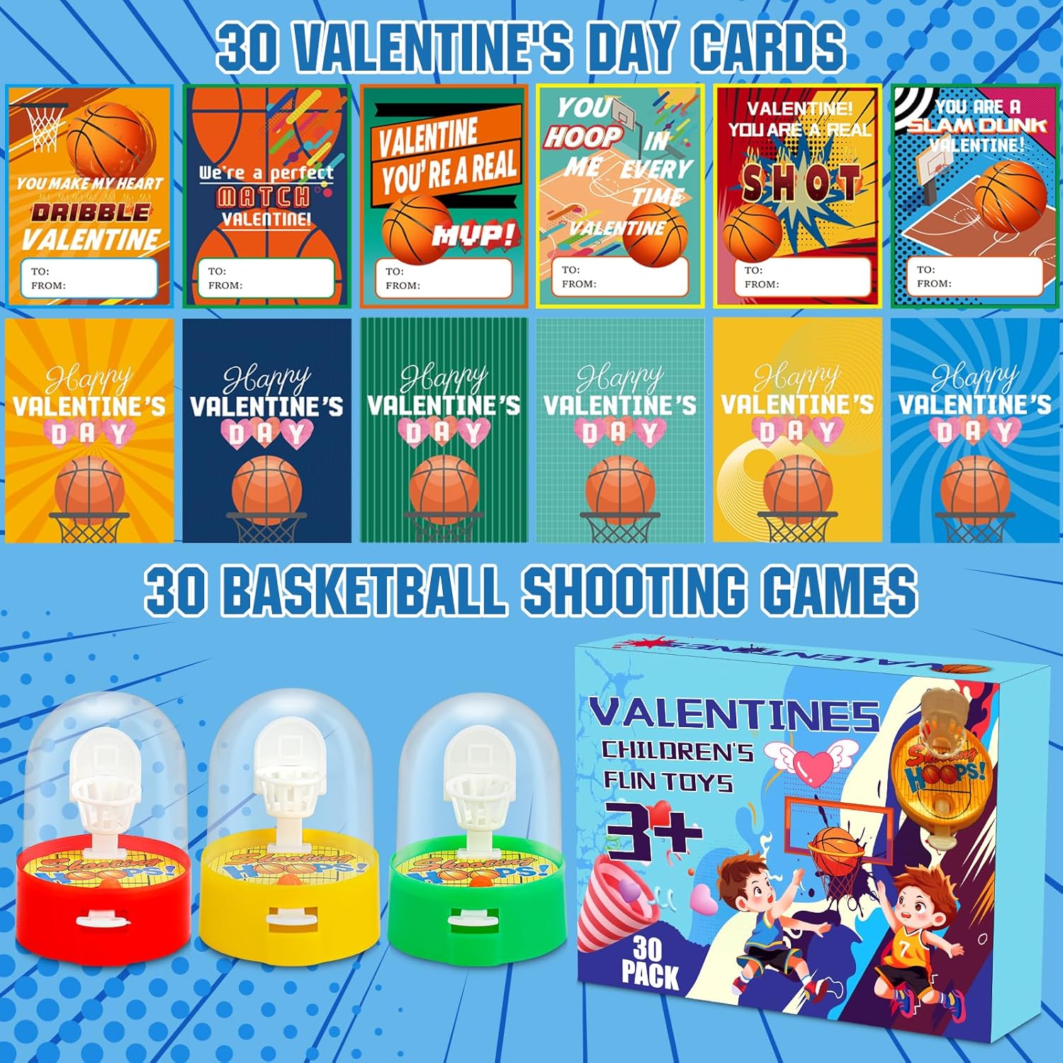 30 Valentines Day Cards with Mini Basketball Shooting Games, Classroom Exchange Gift Set for Kids, Sports-Themed Pun Cards for Boys & Girls, Fun Basket Toys for School Parties