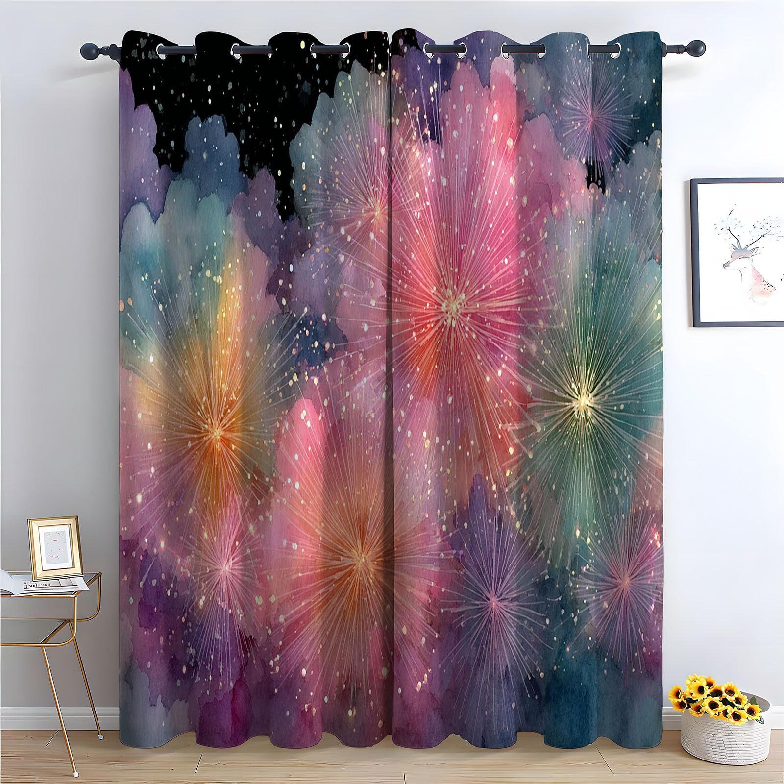 TERUEA Blackout Fabric Window Drapes for Living Room Bedroom Soft watercolor fireworks starry mist Curtains for Living Room-63 W x 90" L (Pack of 2)
