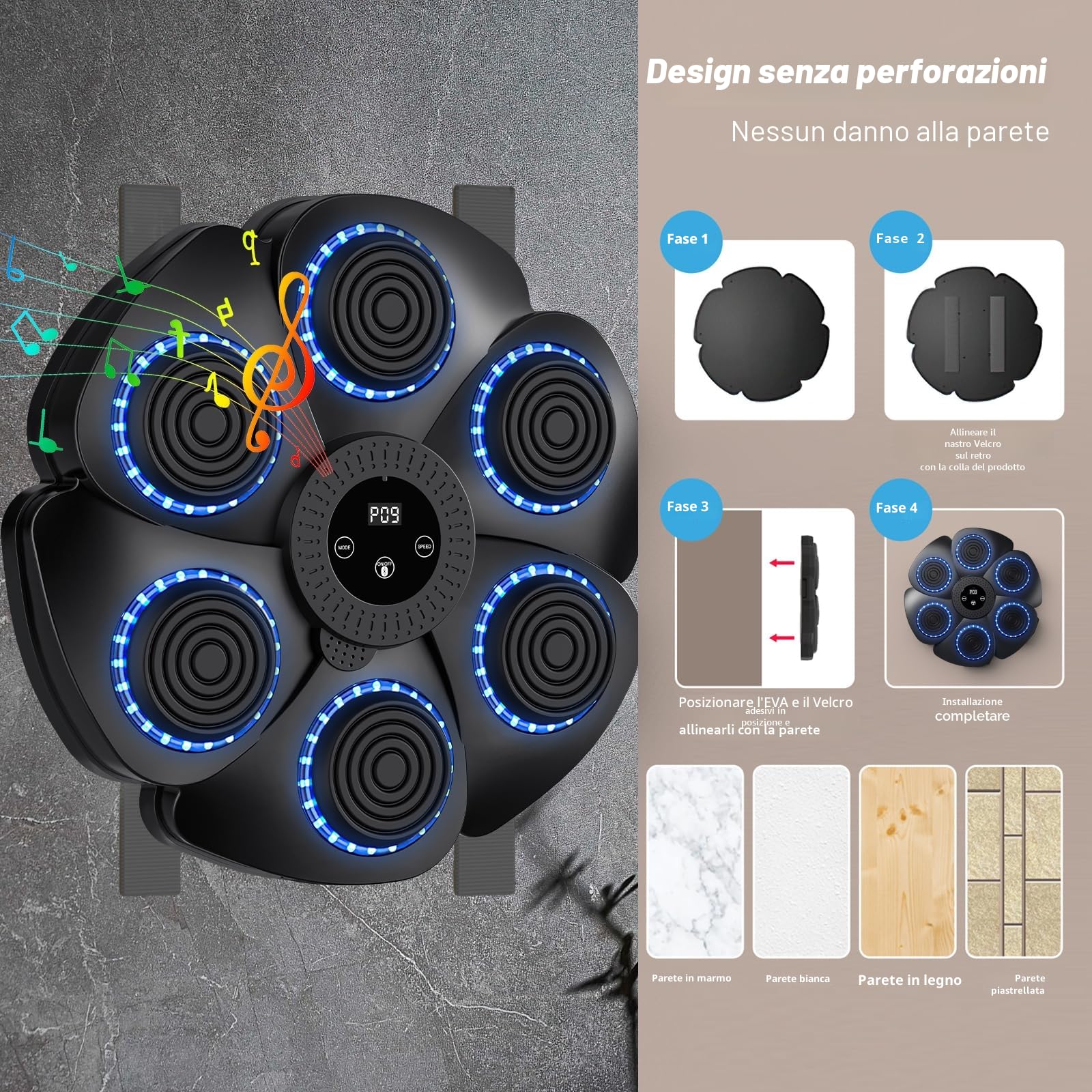 Macchina da boxe musicale, versione 2024 intelligente con Bluetooth e guanti da boxe, montabile a parete, 9 modalità di velocità e di conteggio, per adulti e bambini