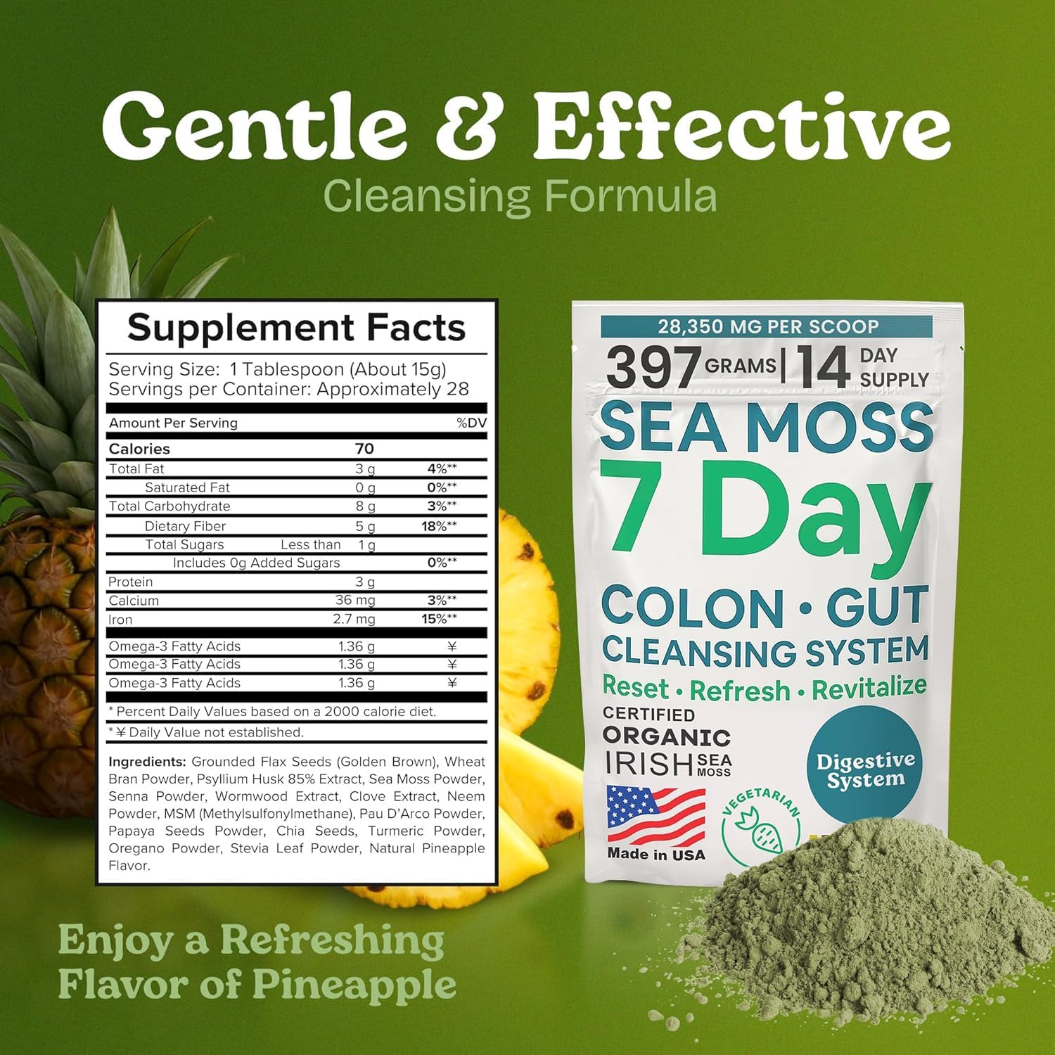 Atlantic Naturals Sea Moss 7-Colon Cleanse Powder | Formulated with Psyllium Husk, Fiber, & Senna Powder | Supports Immune & Gut Health for Women & Men, Pineapple Flavor Drink Mix, 14 oz