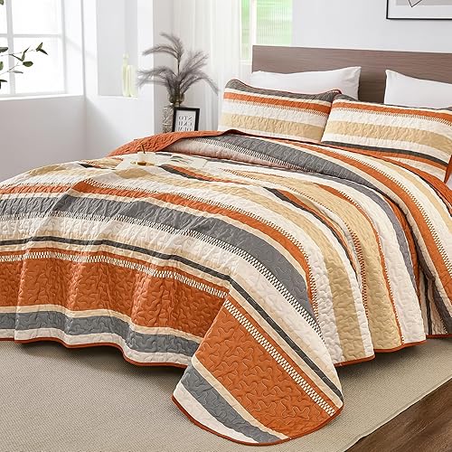 Miniatura 19 de Juego de ropa de cama de tamaño queen de WONG BEDDING, juego de colcha acolchada de 3 piezas con rayas negras, edredones ligeros de verano tamaño