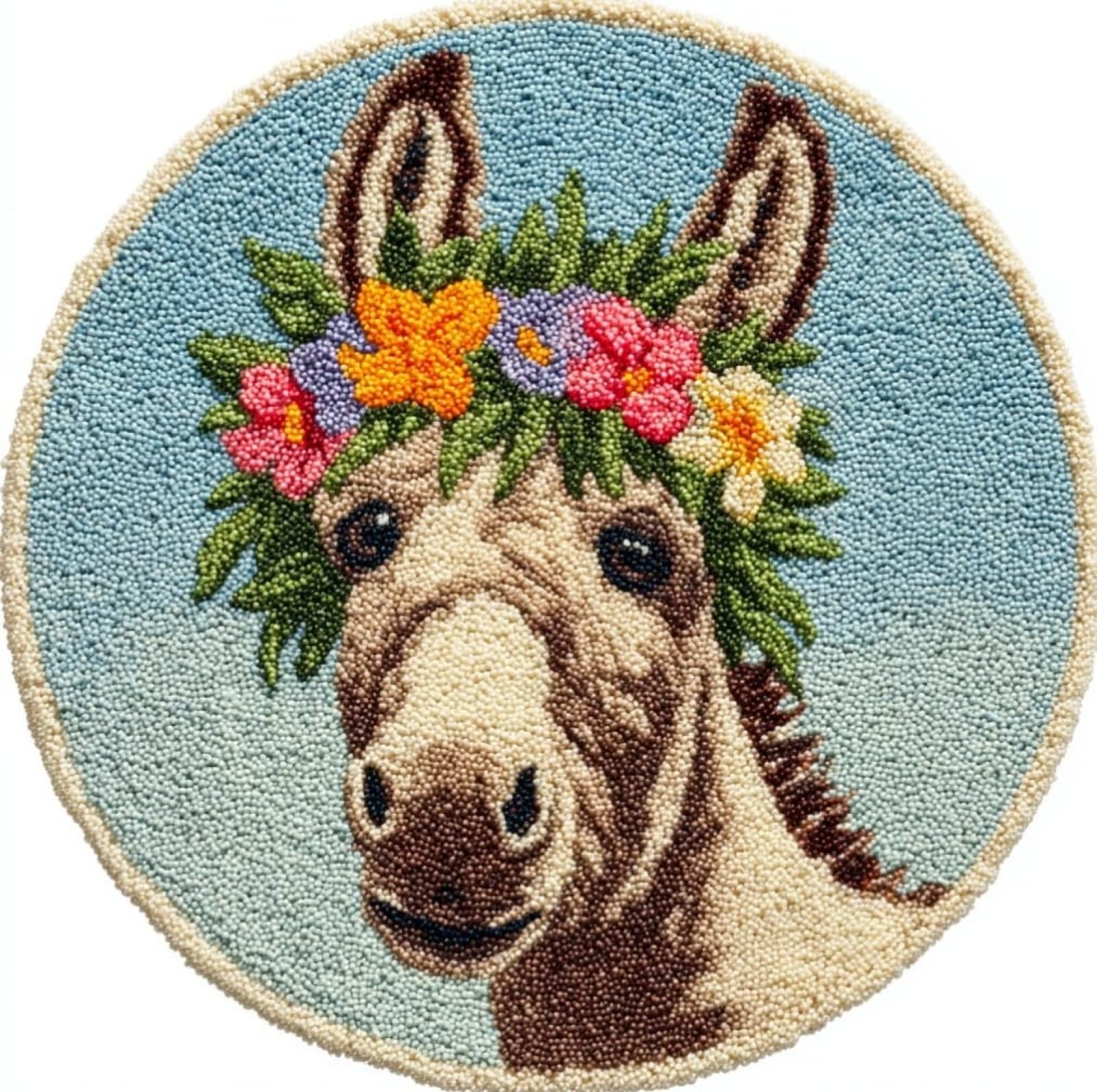 WallustrioaW Latch Hook Rug Carpet Kits for Adult,Donkey Wearing a Flower Wreath,DIY Latch Hook Rug Kits with Pre-Printed Pattern,Carpet Handcraft Embroidery for Christmas,50x50cm