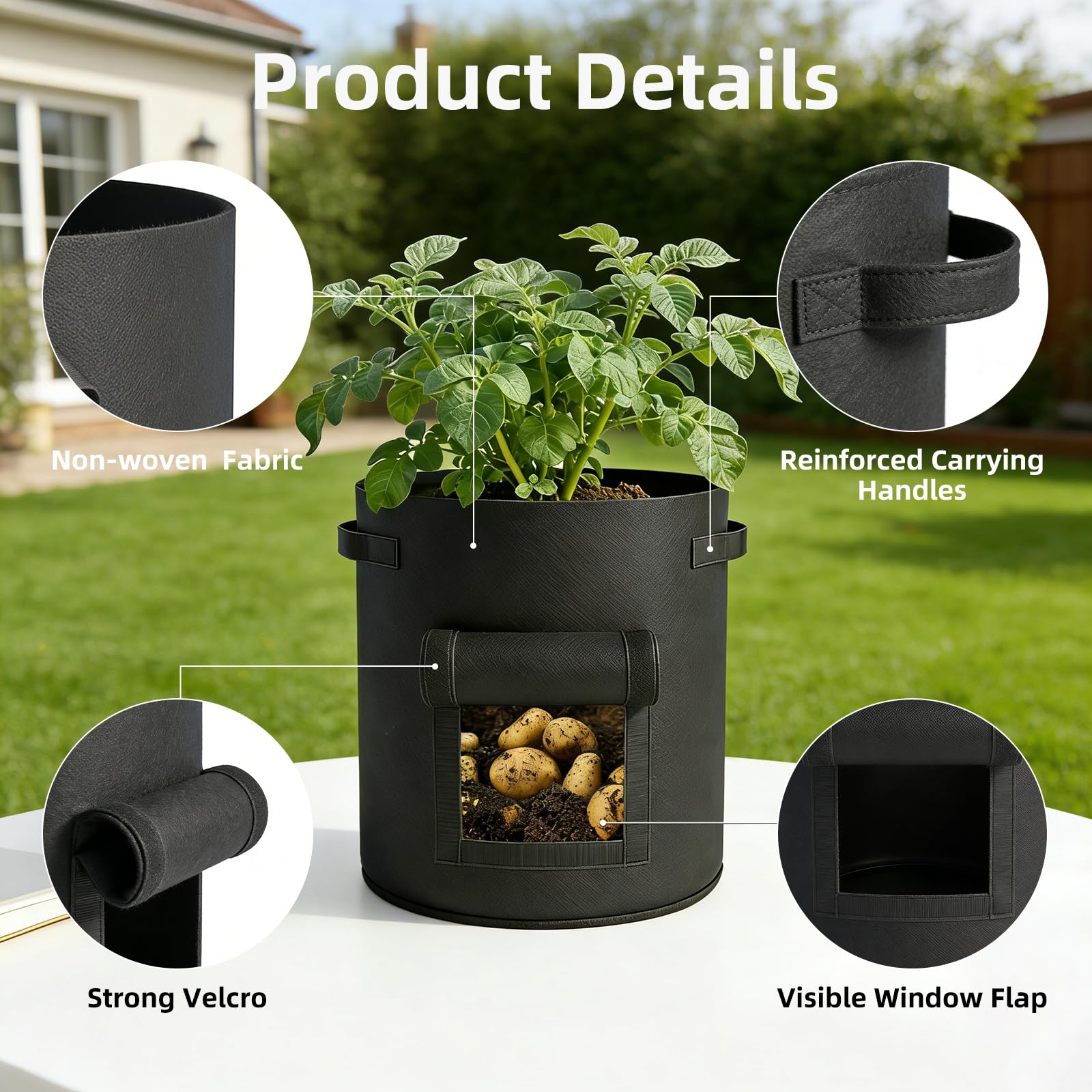 SEGNAYEN Lot de 6 sacs de culture de pommes de terre, sacs de culture en tissu non tissé pour légumes avec poignées, sacs de culture pour pommes de terre, carottes, tomates, fruits (noir)