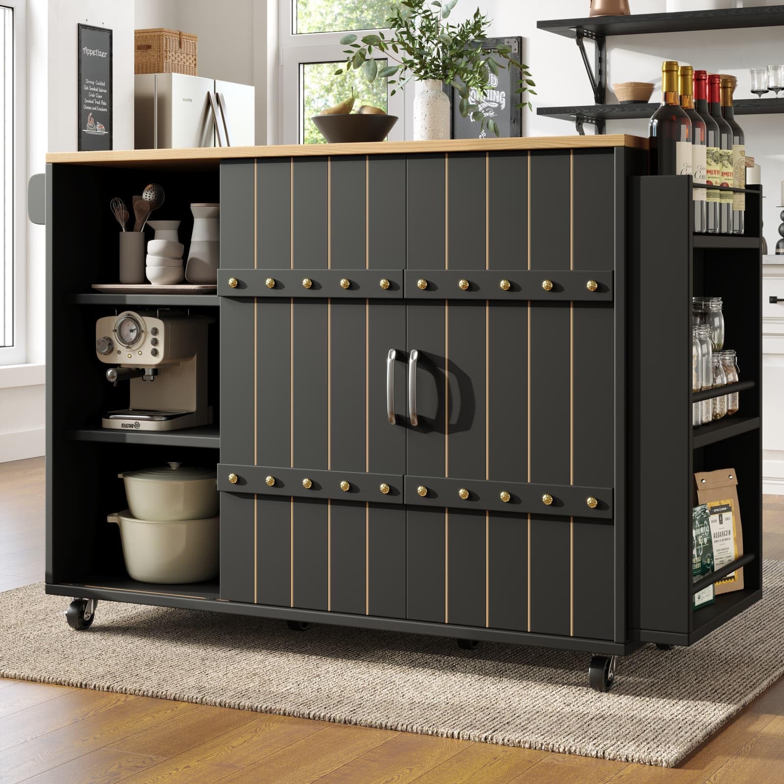 PUGSDRLY Desserte Cuisine à roulettes,Buffet Cuisine de Rangement avec Plateau de Table Pliable,3 Tiroirs et 2 Portes coulissantes,Espace de Rangement Multifonctionnel,avec Porte Serviettes (Noir-A)