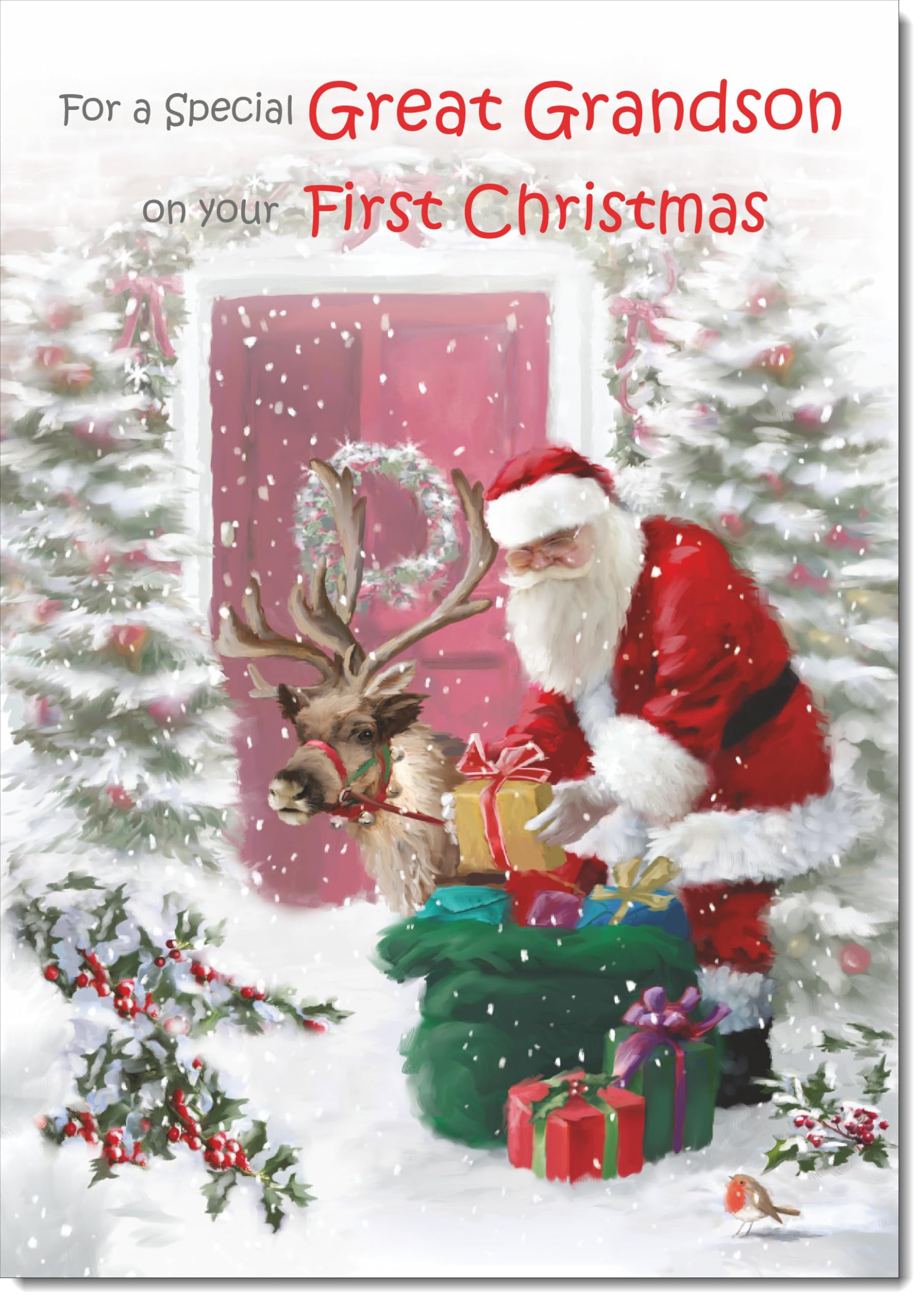 doodlecards Great Grandsons 1st First Christmas Card Santa with Parcels Large A4 Size Christmas Card for Great Grandsons 1st with Plain Envelope — image 1