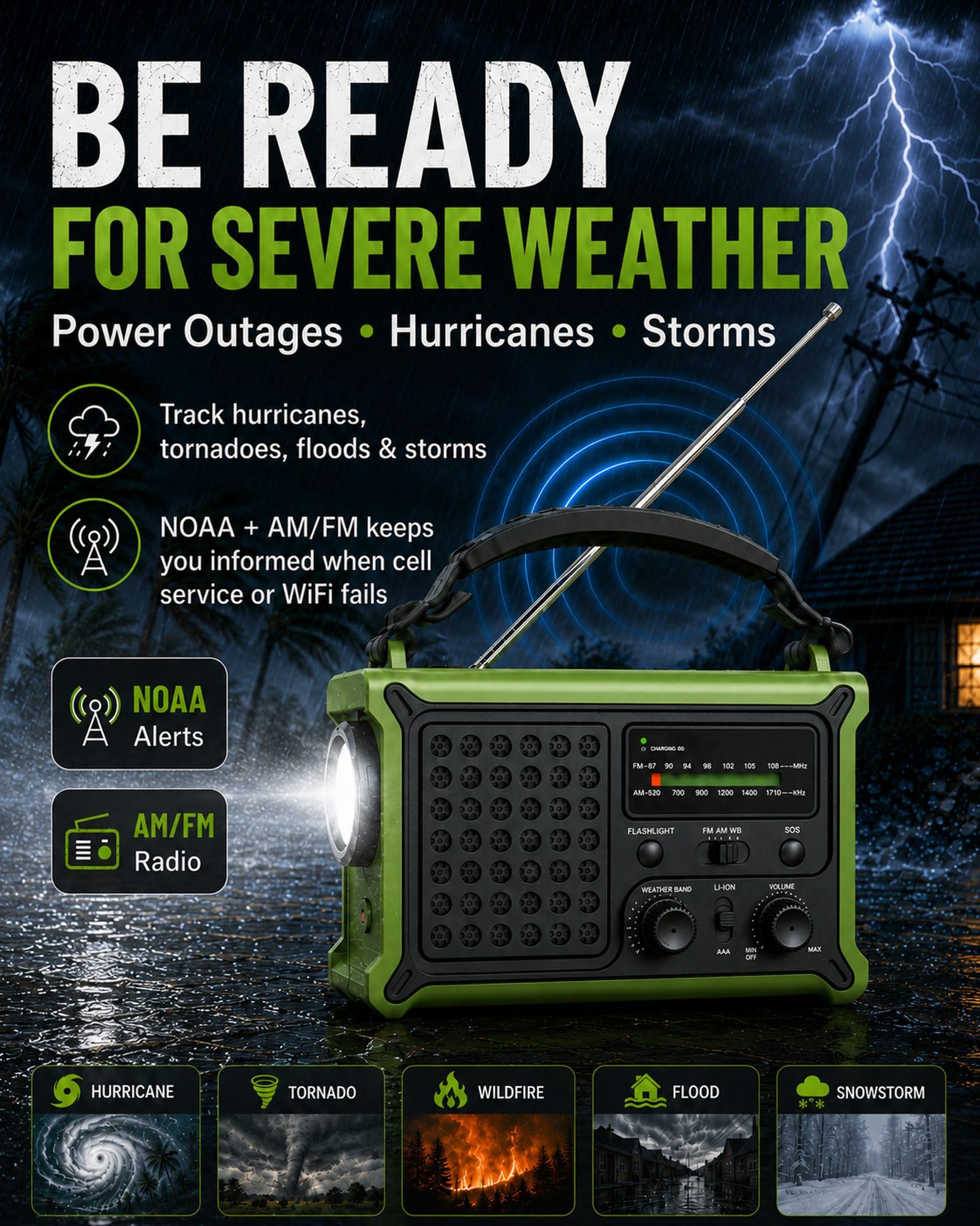 Radio meteorologica di emergenza AM/FM/NOAA solare manovella LED torcia USB SOS