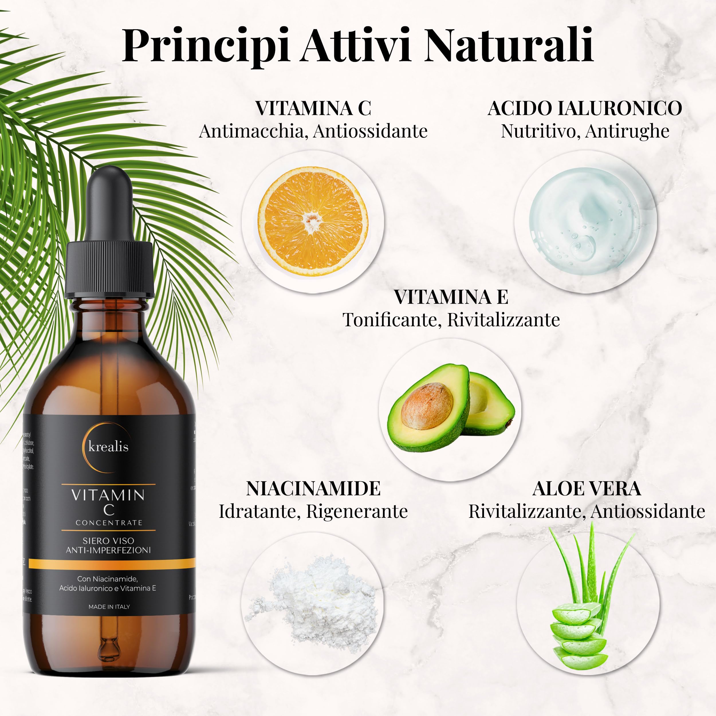KREALIS •100ml• Siero Vitamina C Viso Acido Ialuronico con Niacinamide, Vitamina E, Aloe Bio, Antimacchia, Anti Imperfezioni, Siero Viso Contorno Occhi Antirughe E Occhiaie