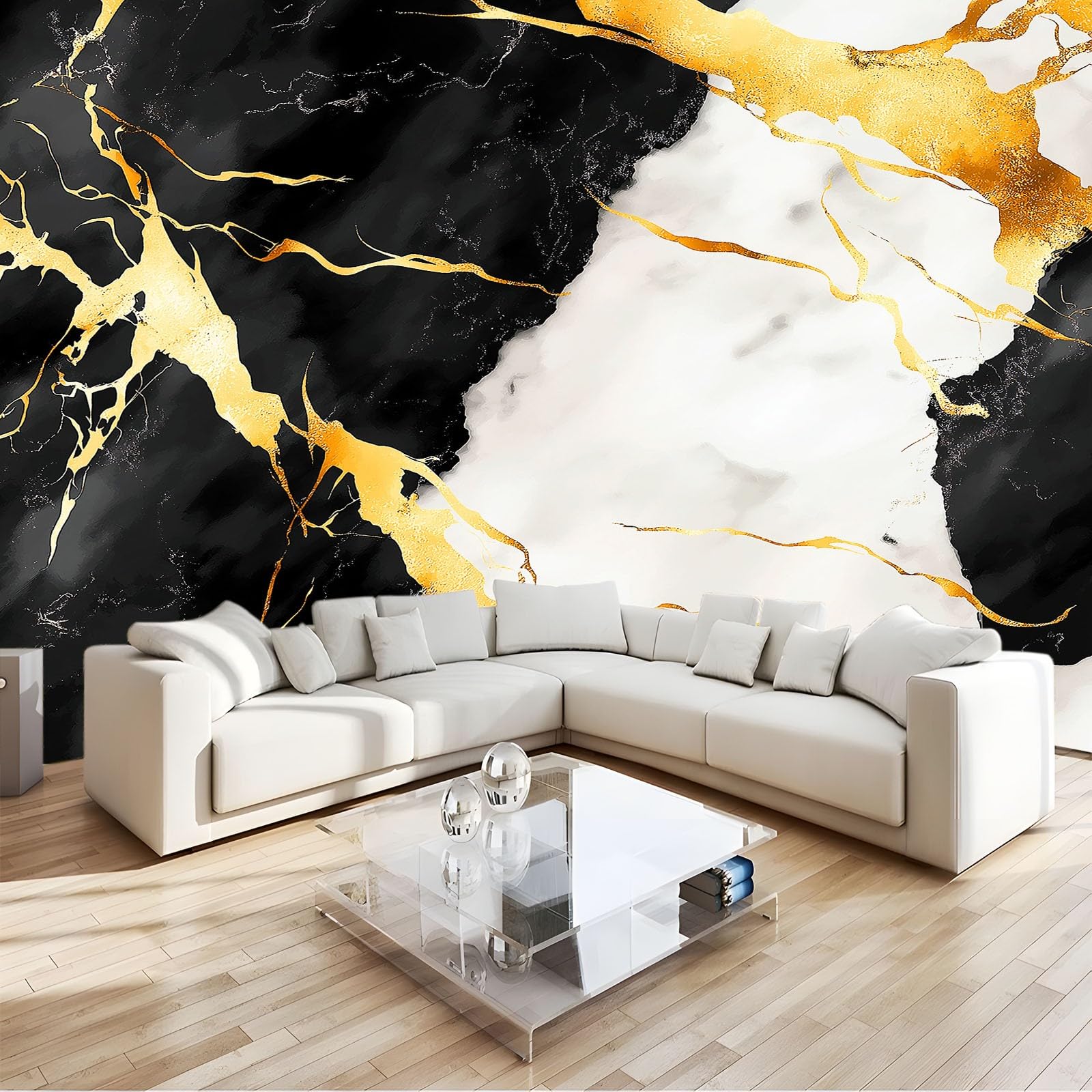Générique 350 x 256 cm Panoramiczna tapeta tekstura marmurkowy wzór złoty liść 3D Mural Design, dekoracja ścienna do zdjęć, tapety z włókniny dekoracja ścienna salon sypialnia, czarna