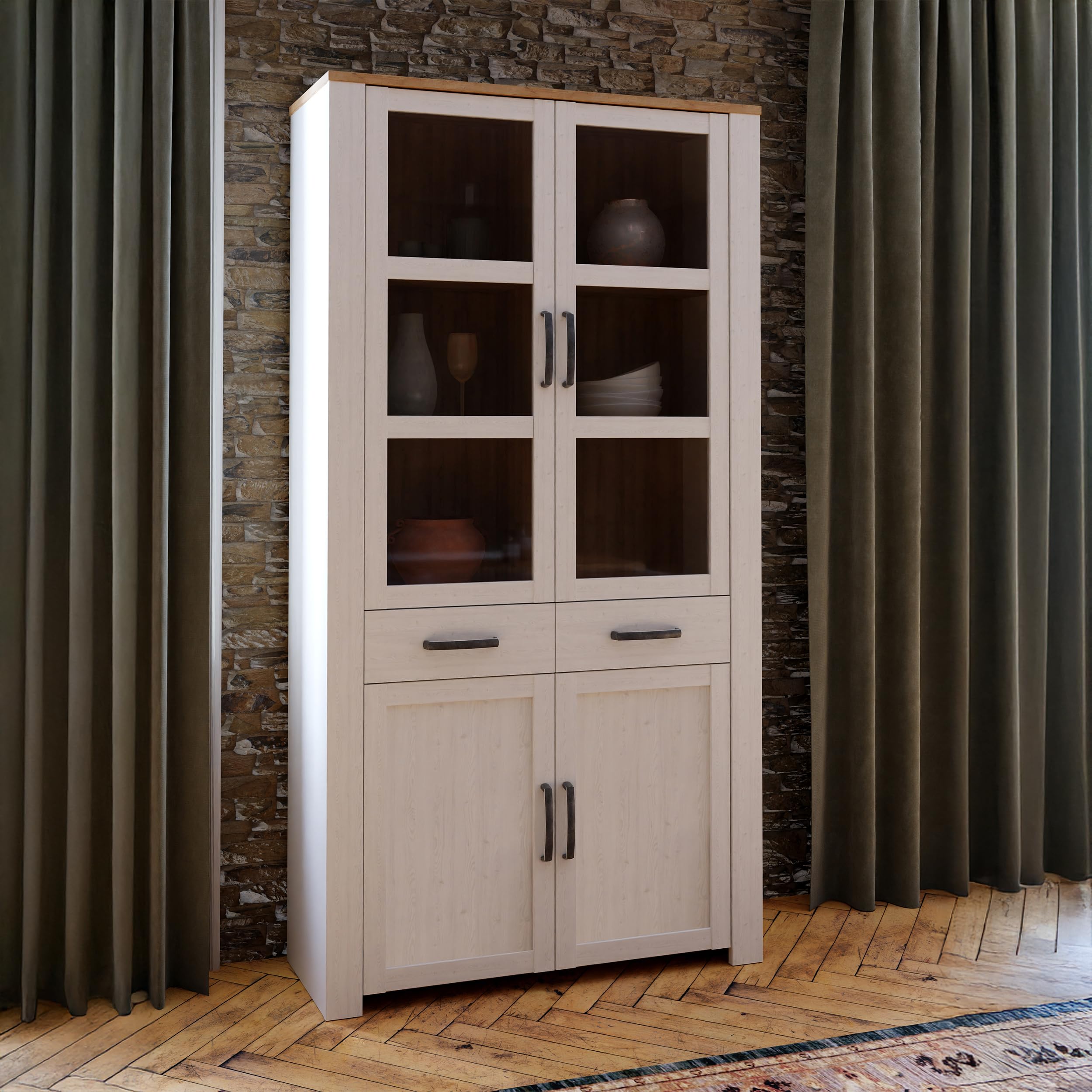 Forte Bohol Vitrine Style Maison de Campagne 100 110 4 Portes 2 tiroirs Salon/Salle à Manger en Bois de mélèze Riviera Chêne/Mélèze Sibiu 106,4 cm de Large x 205,4 cm de Haut x 42 cm de Profondeur