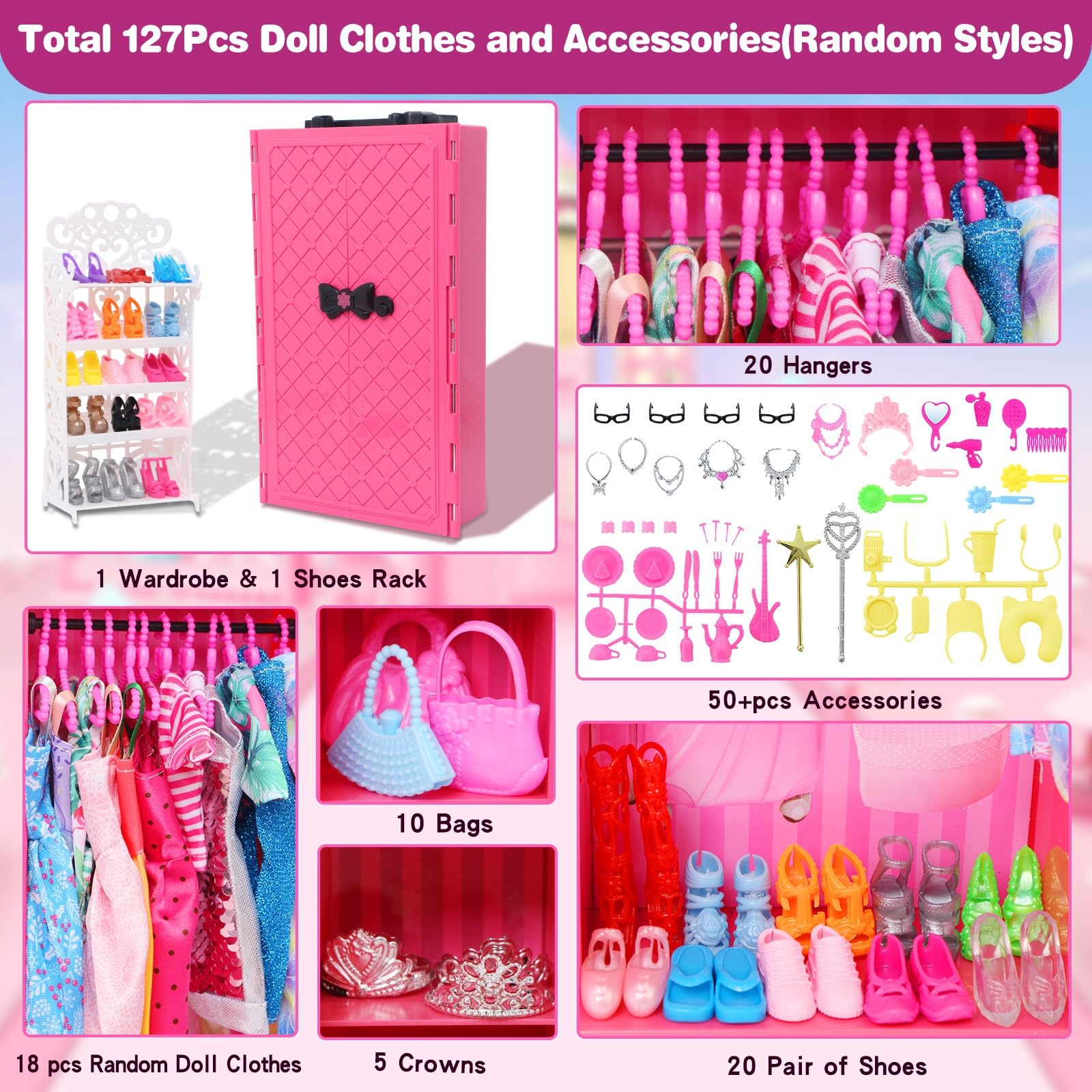 96 PCS Doll Clothes And Accessories For Barbie 11.5 Inch Doll 16 Slip Dresses 20 Pair Of Shoes 10 Handbags 30 Jewelry Accessories Fashion Outfits Necklace Mirror Earring Crown Hanger In Random - Foto 5