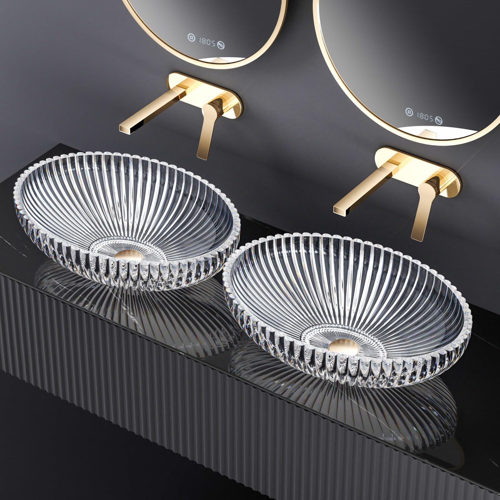 Lavabo Da Appoggio In Vetro Cristallo - Ovale 51x35x15 Cm, Senza Foro Rubinetto, Per Bagno