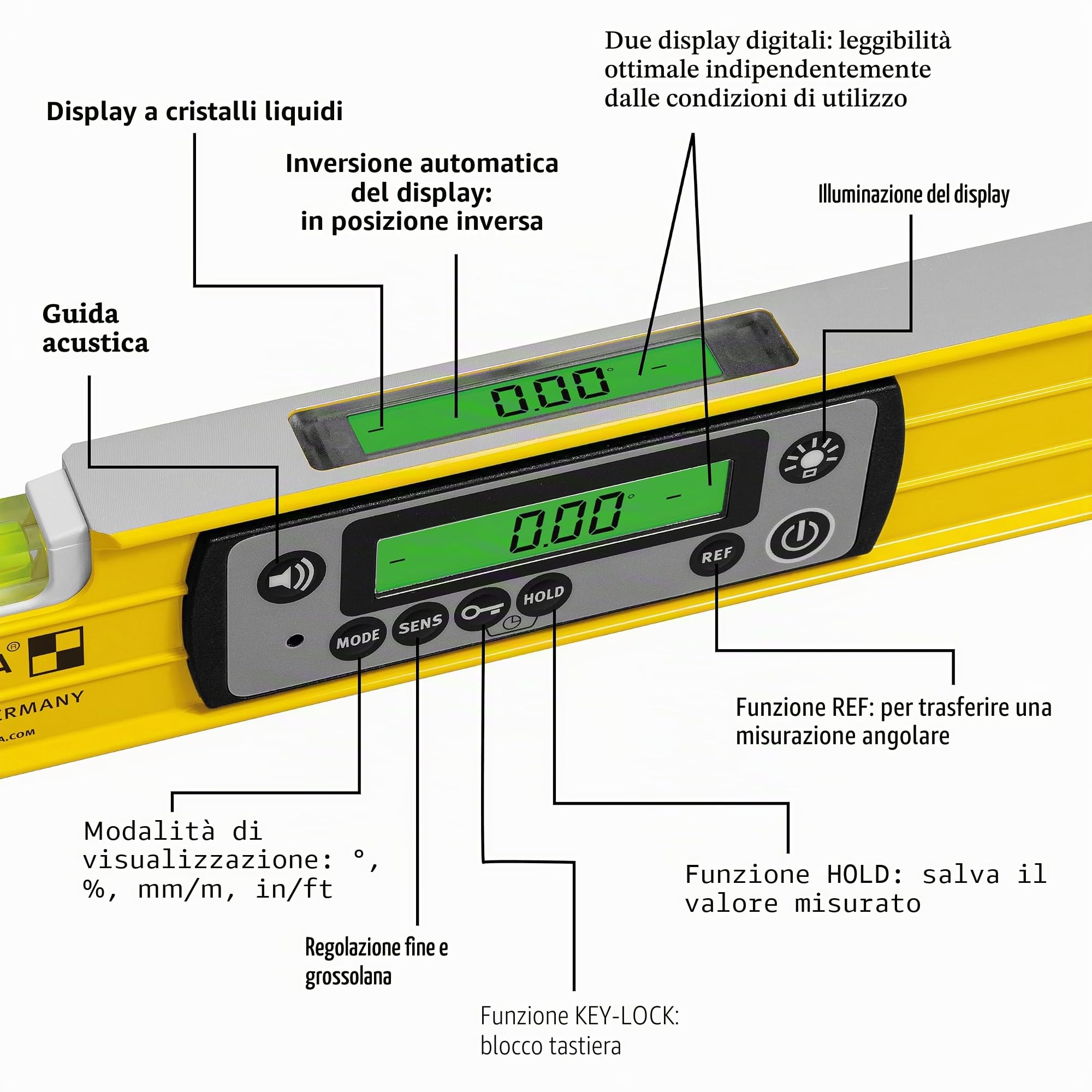 STABILA TECH 196 DL - Livella a bolla elettronica, impermeabile e antipolvere secondo IP 67, 2 display digitali, senza calibrazione, con custodia, 100 cm