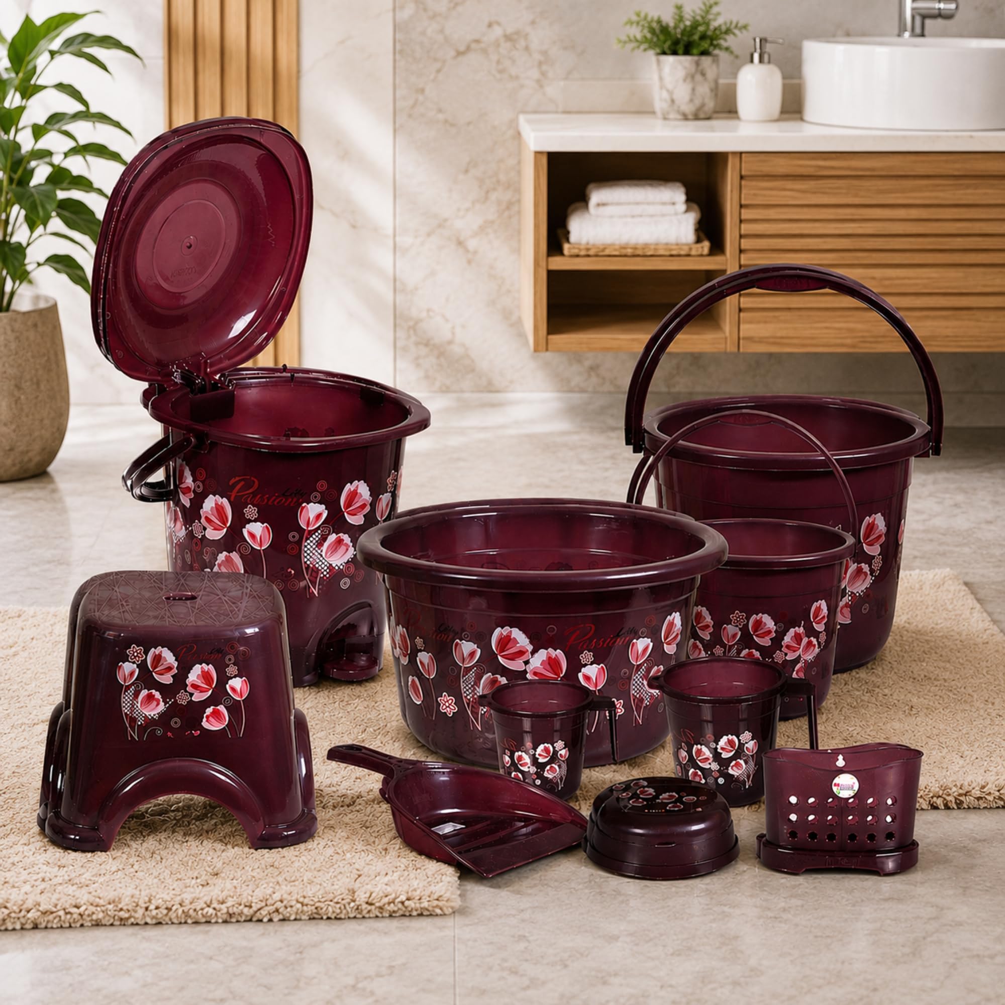 Heavy Duty Virgin Plastic Large Capacity 16 L Bucket, 5 L Bucket, Patla, Deep Tub, Dustbin, 1.5 L Mug, 1 L Mug, Soap Case, Dustpan, Tooth Brush Stand Bathroom Set (Chocolate, King)-image-21