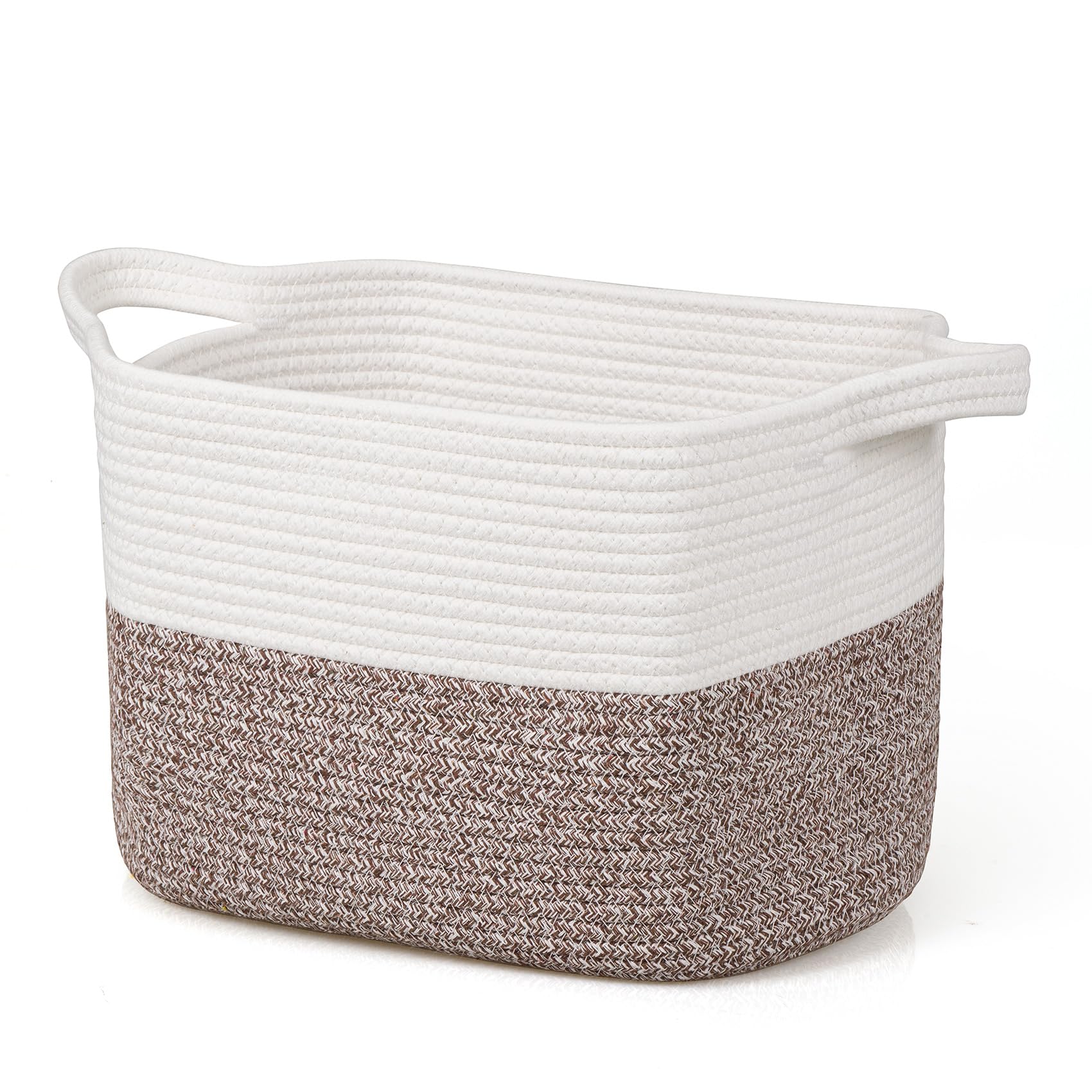 Vazpalas Blanket Storage Basket for Dog Toys, Woven Laundry Bathroom Cube Baskets with Handles for Kids Toy Decor, Big Fabric Rope Cotton Organizer Baskets Blanket Bin, White/Brown