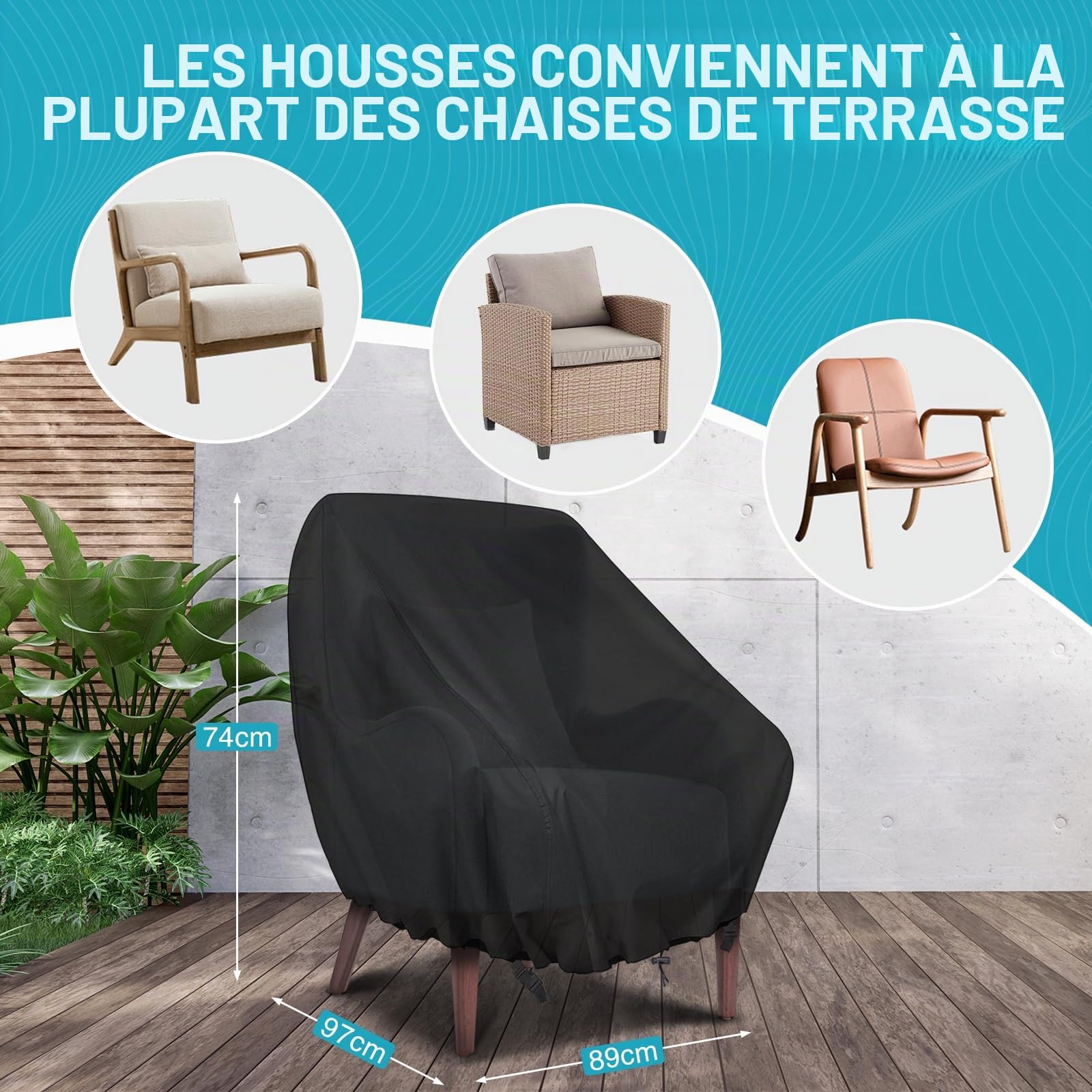 GARPROVM Housse de Chaise de Jardin 2 pièces, Housse pour Fauteuil 89x97x74cm, Housse de Protection pour chaises Extérieur, Tissu Oxford 420D Imperméable, bâche pour chaises de Balcon