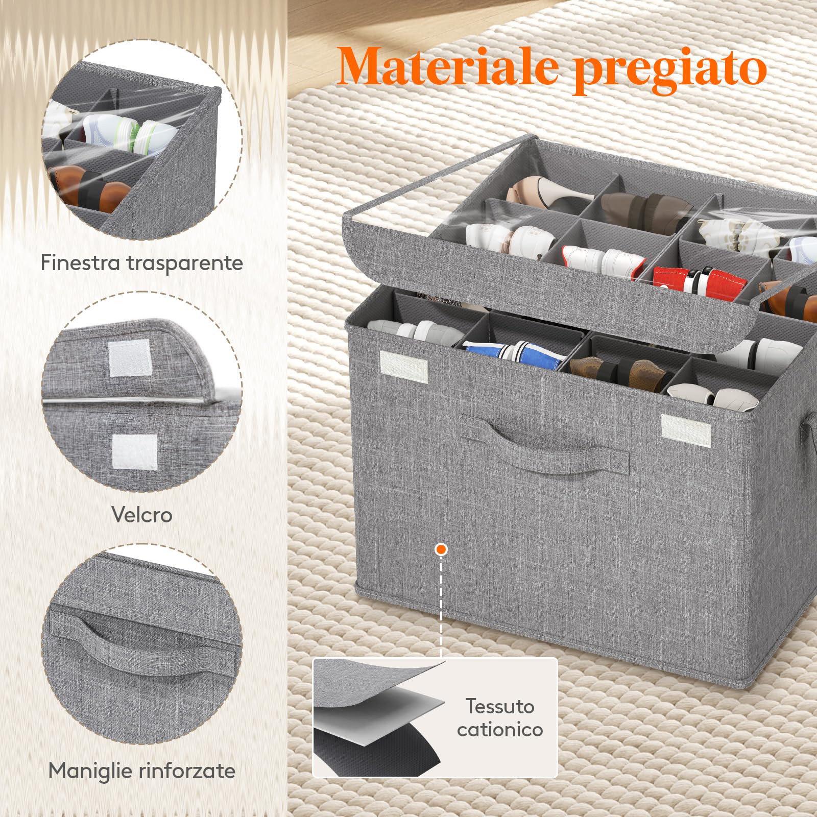 Lifewit Scatola Scarpiera da Armadio, Organizer Scarpe Pieghevole, Divisori Regolabili con Coperchio Trasparente, Porta Scarpe con Supporto Inferiore e Manici Rinforzati, Grigio, 4-16 Paia