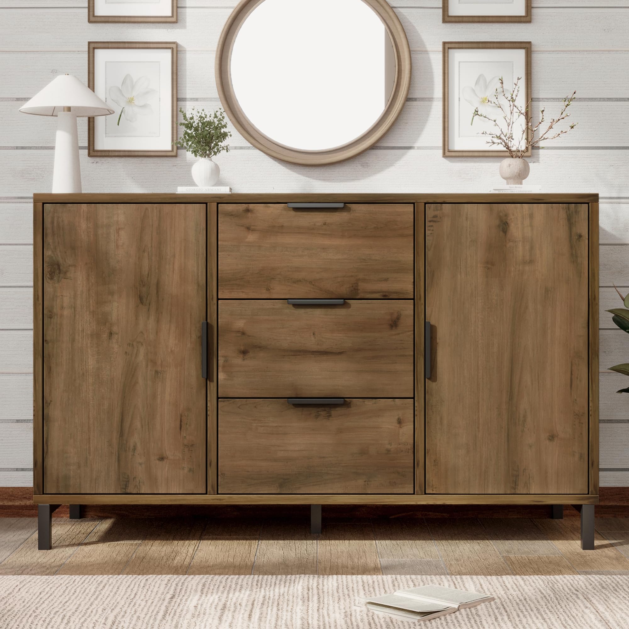 BTM Chest of drawers bedroom, Chest of Drawers with 2 doors and 3 drawers, bedroom drawers, Adjustable shelf, Dark Oak, 40D x 120W x 76H centimetres