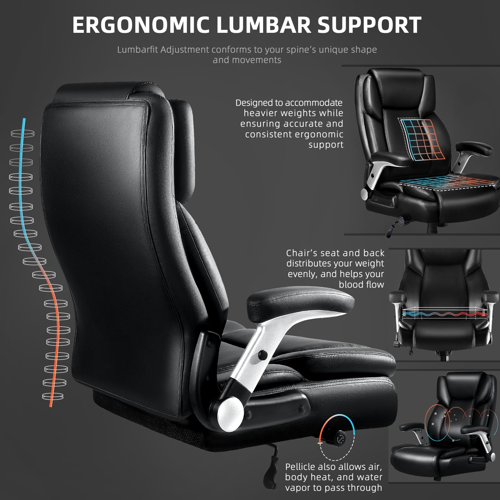 VITESSE 600lbs Big and Tall Office Chair with Flip up Armrest Large Heavy Duty with Ergonomic Lumbar Support — view 5