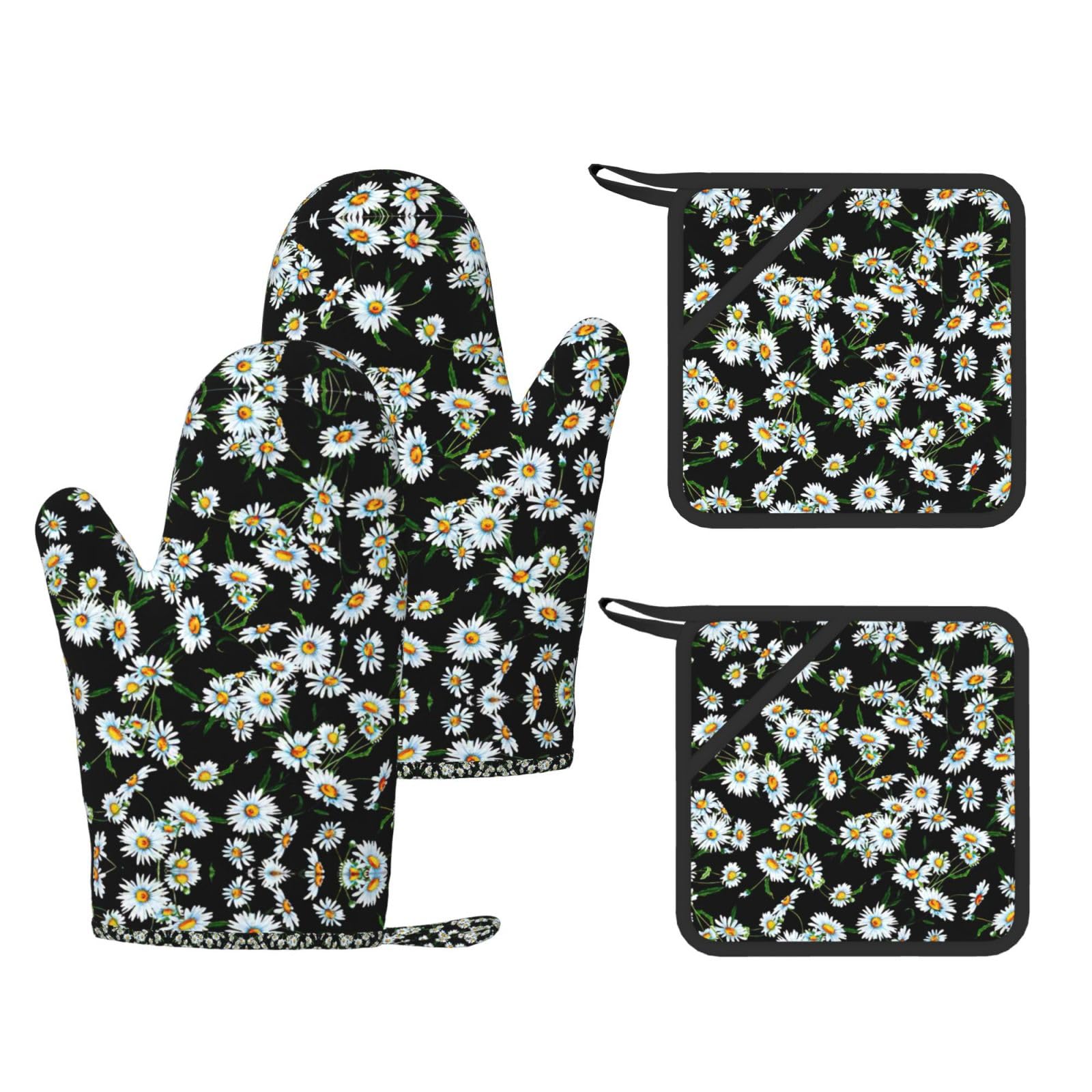 Beauty Daisy Printed Pot Holders and Oven Mitts 4-Piece, Non-Slip Kitchen Gloves with Utensil Pocket for BBQ
